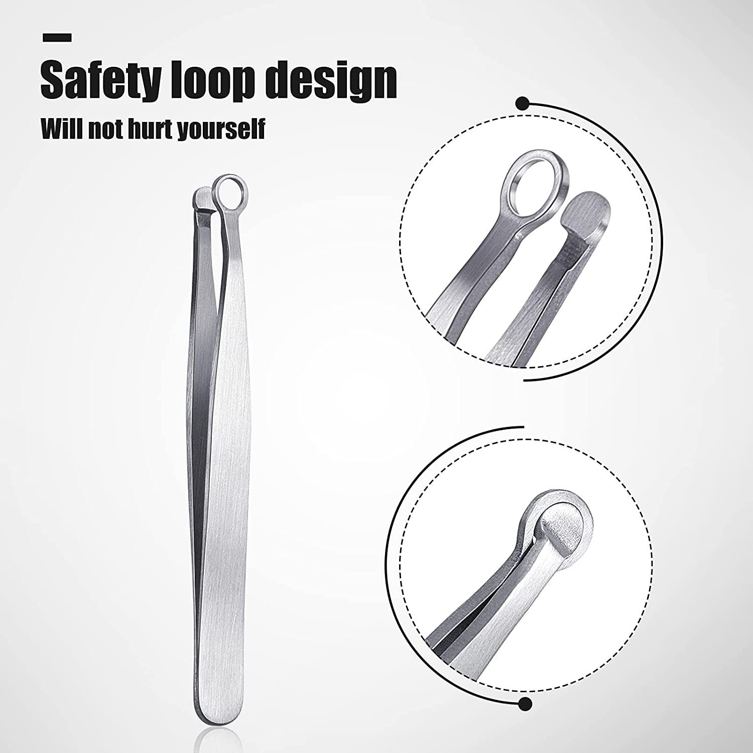 Pinzetta in acciaio inox con punte arrotondate e anello per un uso sicuro.