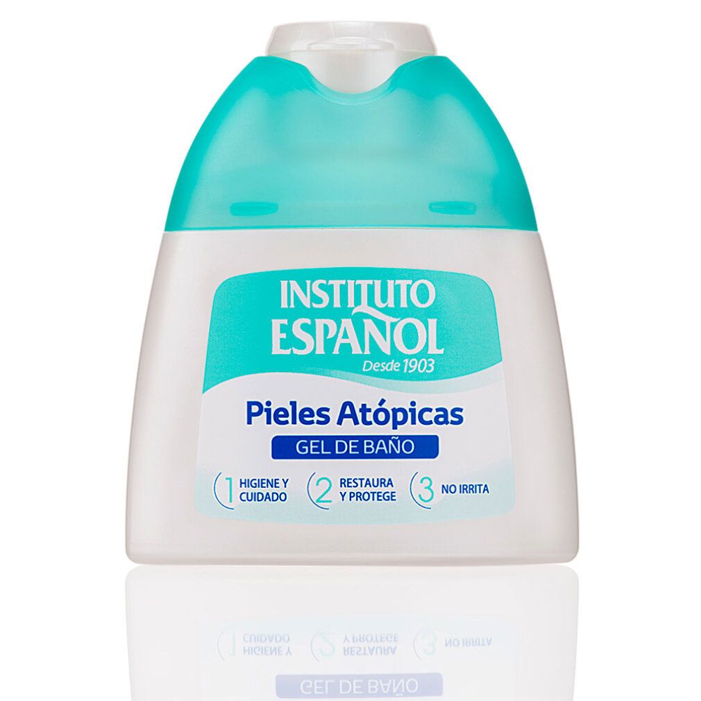 Flacone Instituto Español Pieles Atópicas Gel de Baño. Bianco con tappo turchese. Testo spagnolo.