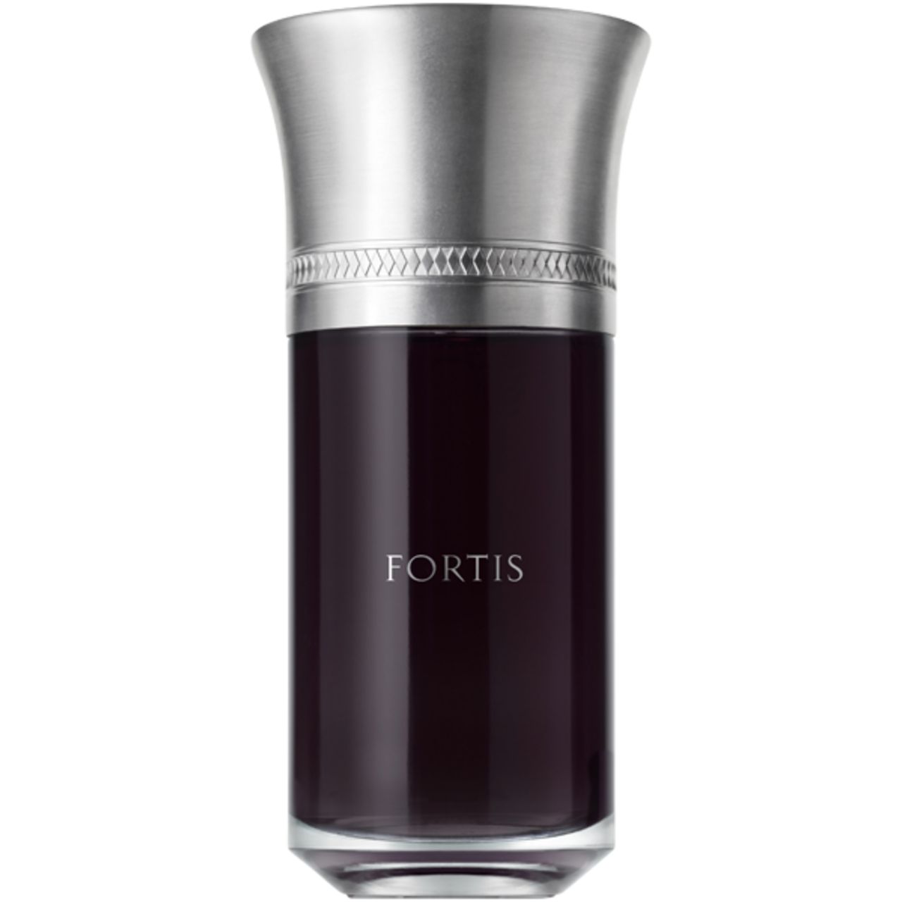 Flacone di vetro con tappo argentato. Scritta FORTIS. Liquido rosso scuro visibile.