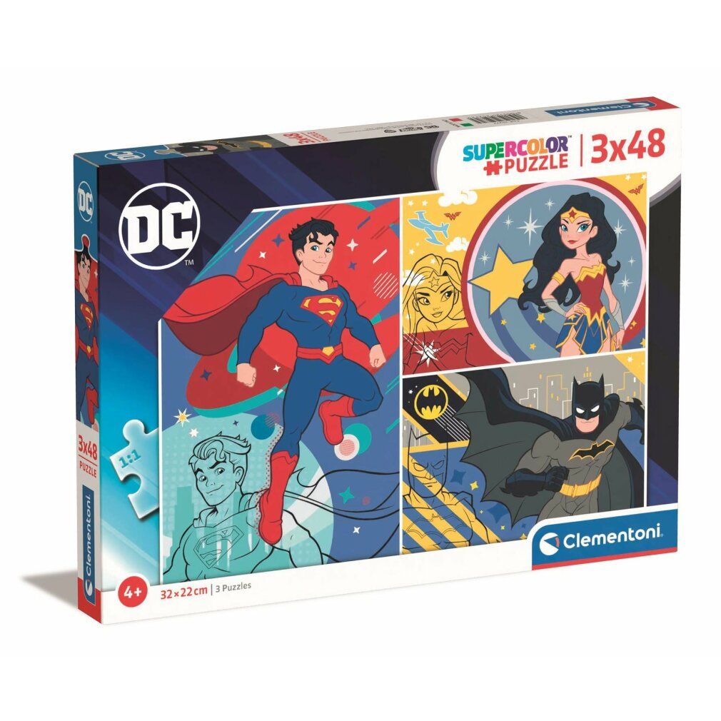 Puzzle Clementoni DC Comics, 3x48 pezzi. Confezione con Superman, Wonder Woman e Batman. Logo DC. 32x22cm. Supercolor Puzzle.