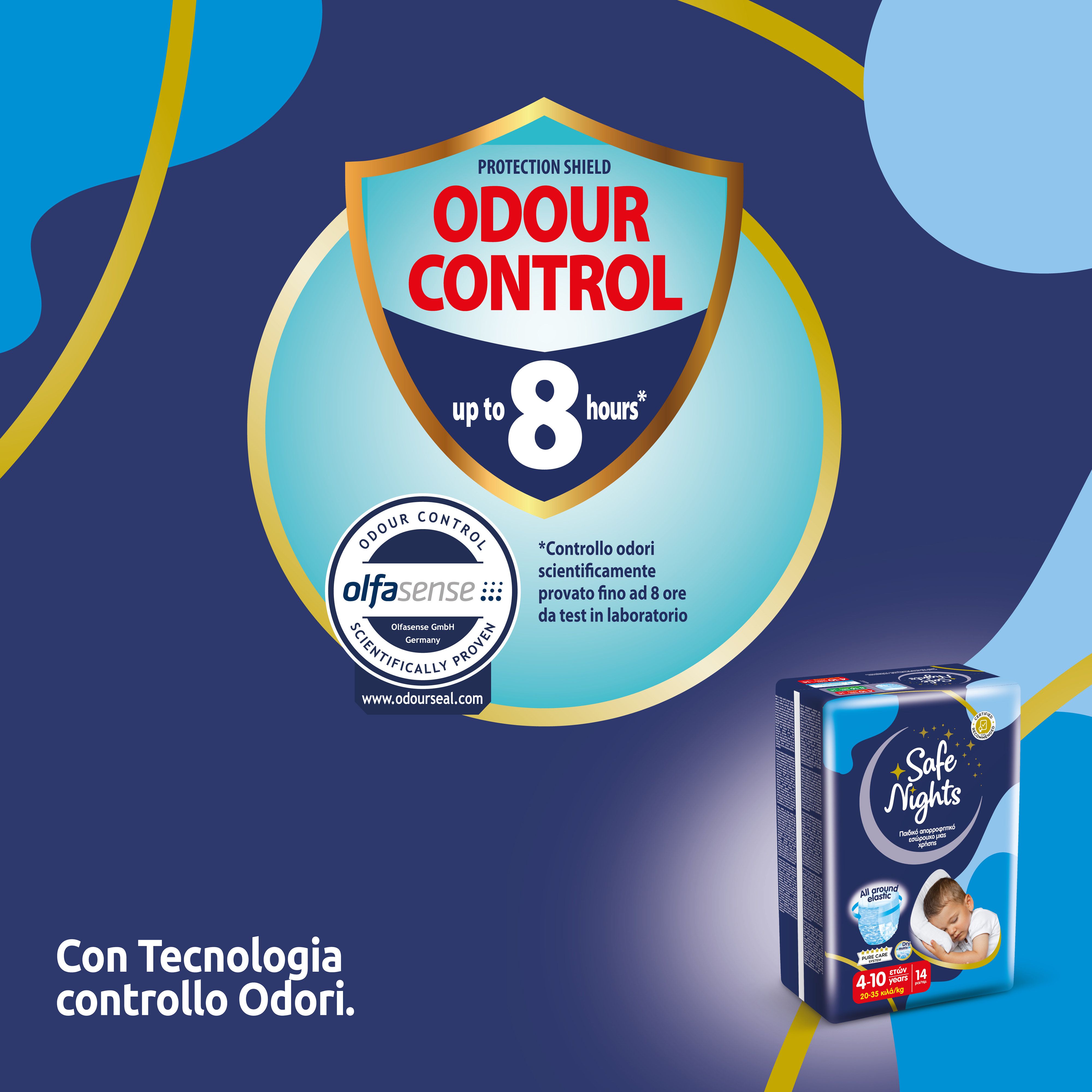 Pannolino con controllo odori. Testo: Controllo odori fino a 8 ore. Confezione di Babylino Safe Nights Boys Pants.