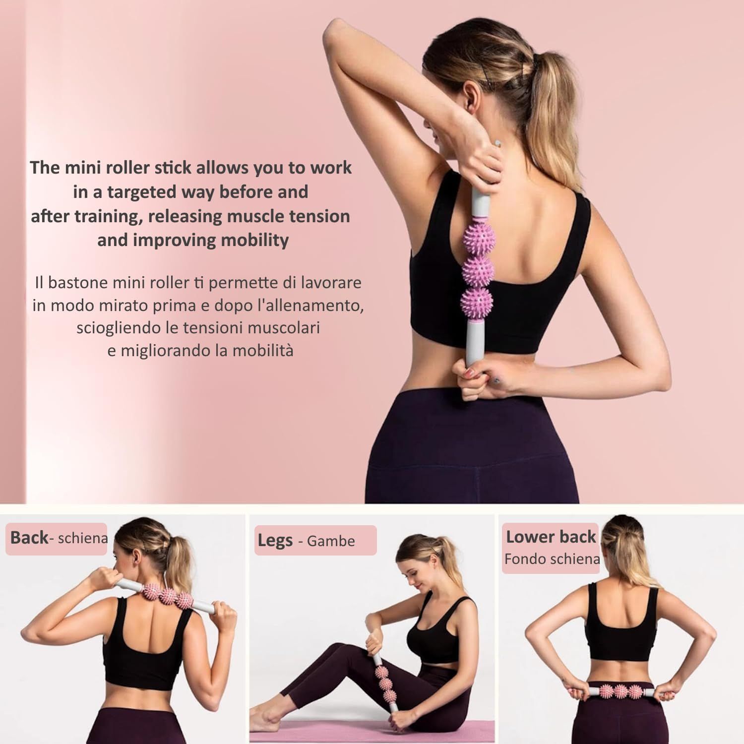 Mini bastoncino massaggiante con sfere rosa. Utilizzo su schiena, gambe e zona lombare. Testo: applicazione.