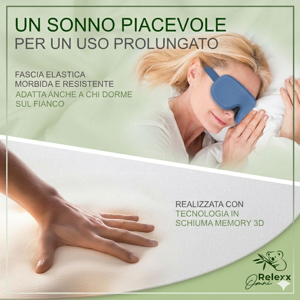 Donna con maschera per dormire blu a letto. Schiuma memory. Marchio: Omni Relexx.