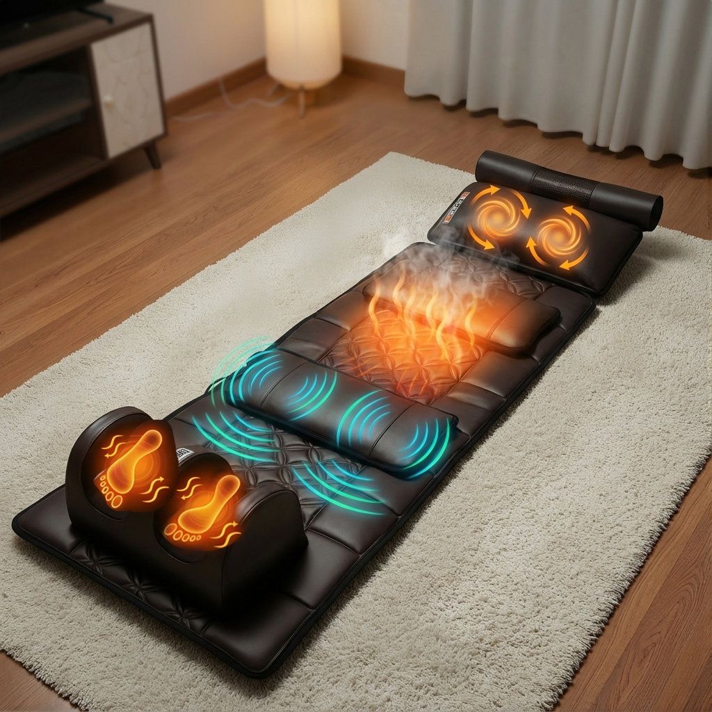 Tappetino massaggiante integrale marrone con funzione massaggio piedi. Vibrazioni e calore rappresentati graficamente.