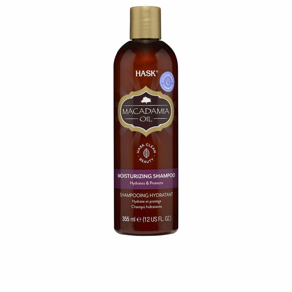 Flacone di shampoo marrone con tappo dorato. Etichetta "Macadamia Oil" e "Moisturizing Shampoo".