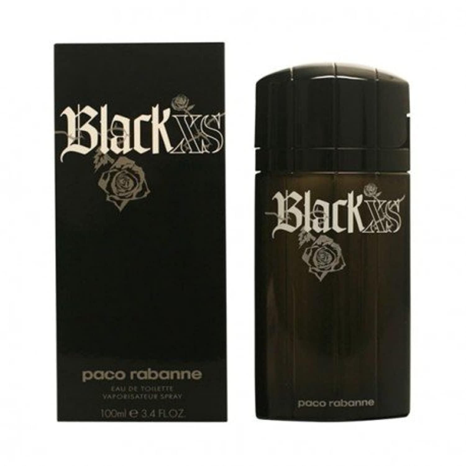 Flacone e scatola neri. Scritta Black XS e Paco Rabanne. Eau de Toilette.