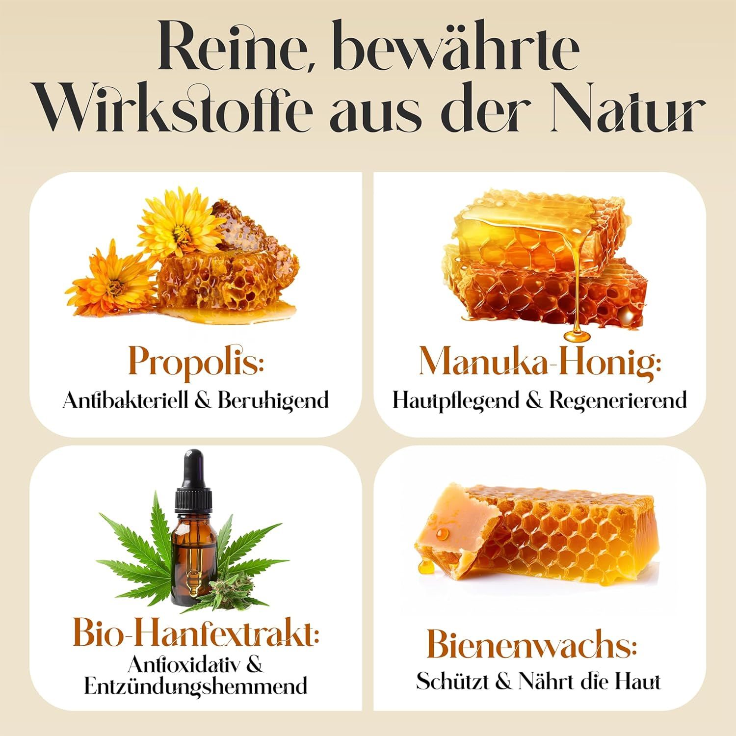 Immagine con ingredienti. Propoli, miele di Manuka, estratto di canapa bio, cera d'api. Testo: 'Reine bewährte Wirkstoffe aus der Natur'.