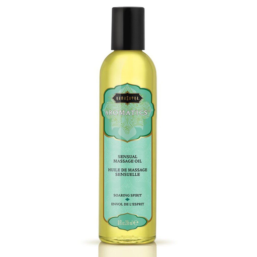 Olio per massaggio Kama Sutra Sensual Massage Oil. Bottiglia con tappo nero ed etichetta turchese. Testo: Aromatics, Massage Oil.