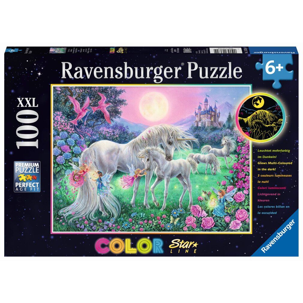 Scatola puzzle Ravensburger. Unicorni al chiaro di luna. 100 pezzi. XXL. Premium Puzzle. Età consigliata: 6+. Vista colorata e luminosa.