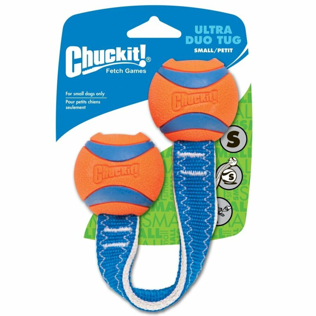 Confezione con due palline arancioni a strisce blu e scritta "Chuckit!". Scritta: "Ultra Duo Tug".