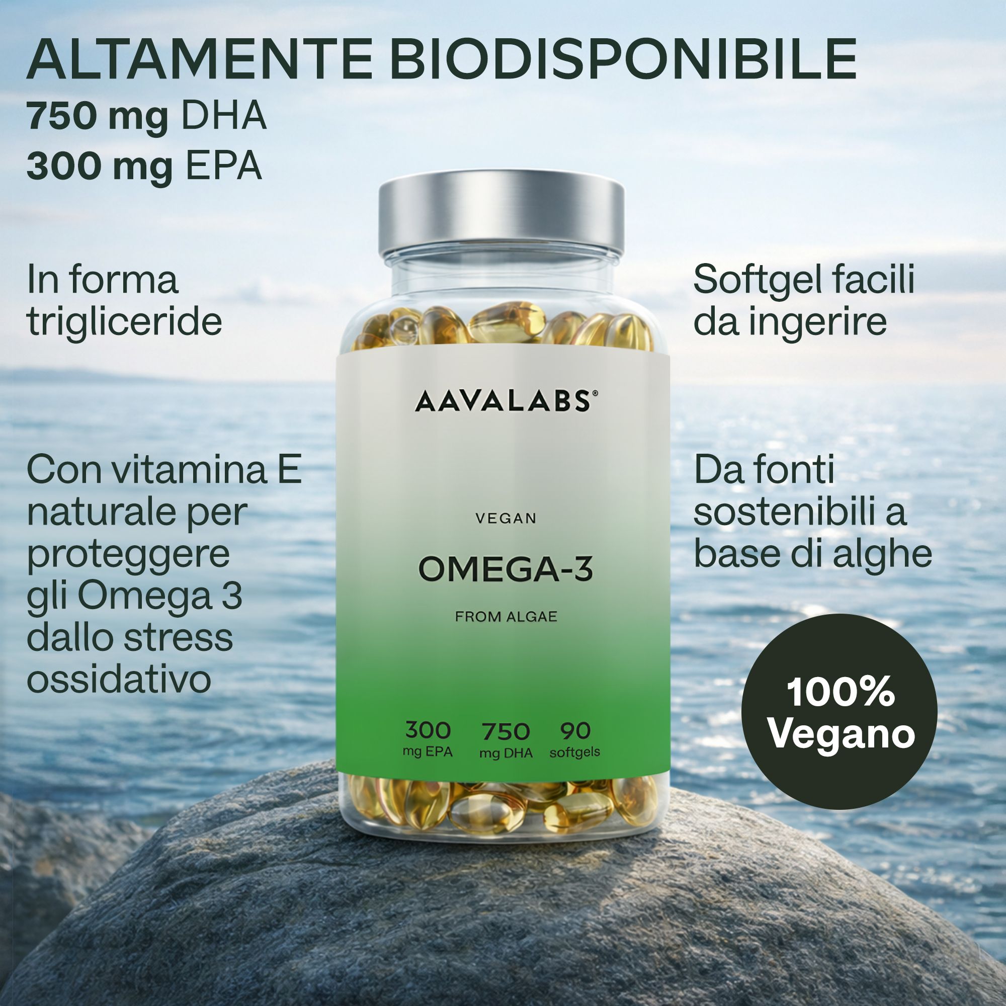 Flacone con capsule, testo: Altamente biodisponibile. 750mg DHA, 300mg EPA. Vegano, da alghe, con vitamina E.