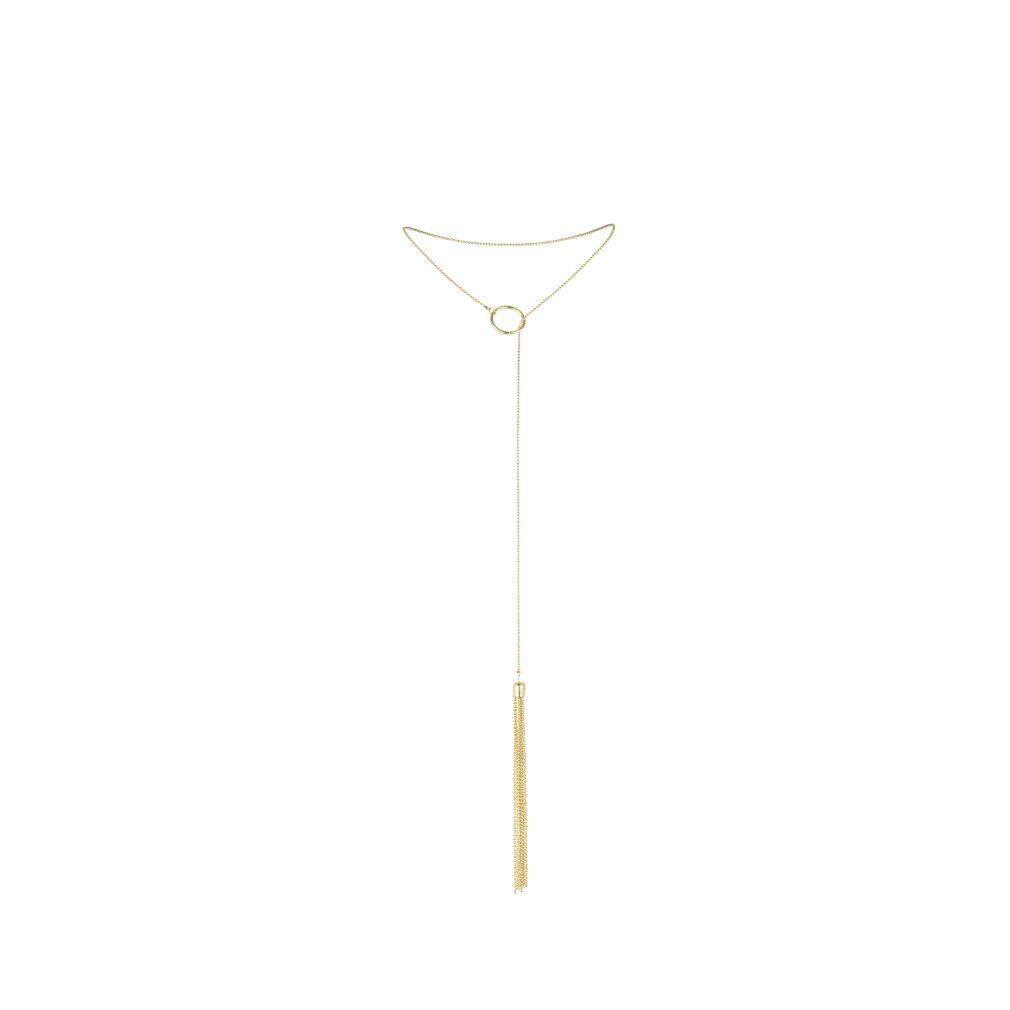 Collana dorata con pendente. Catena con elemento rotondo e lungo pendente a nappa.
