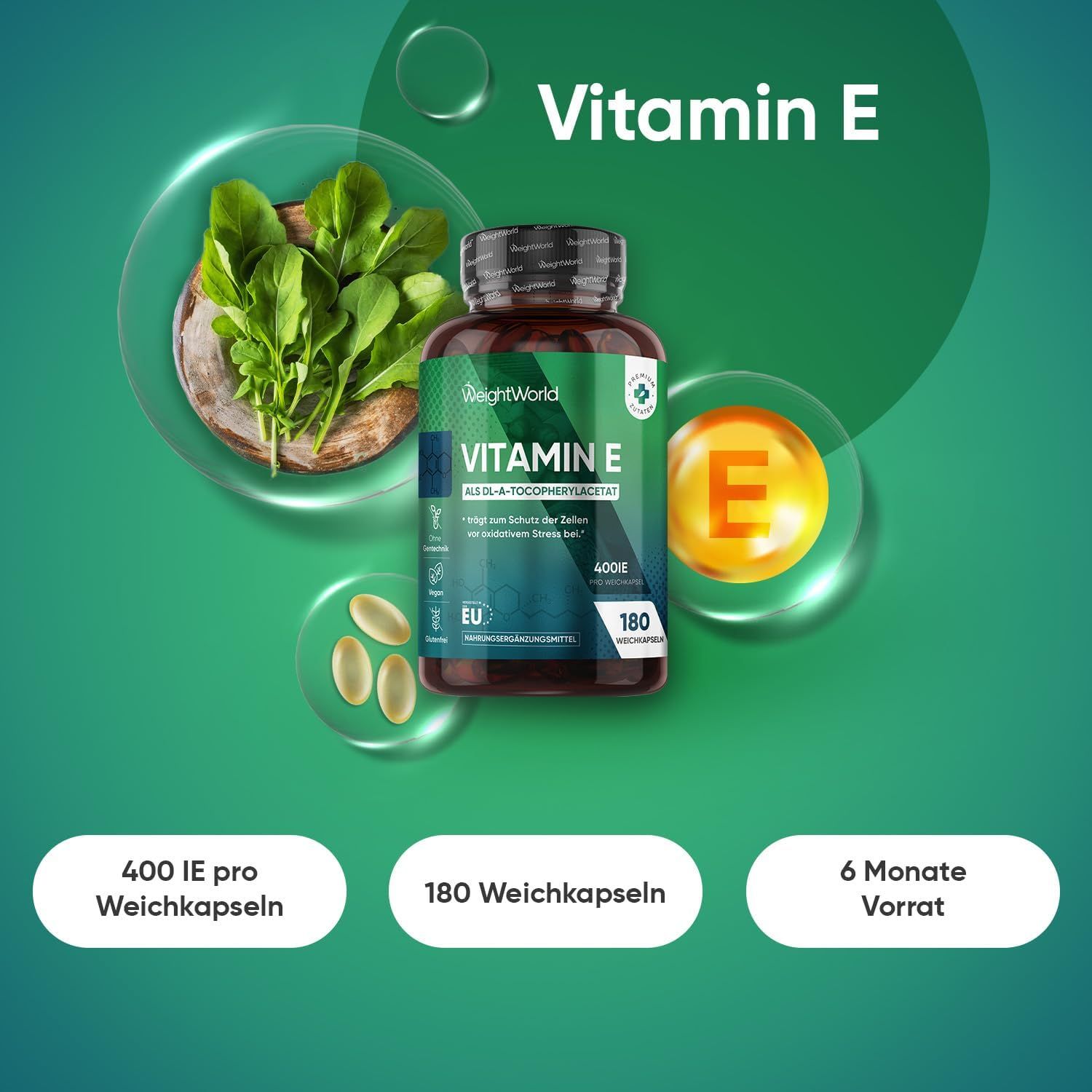 Capsule di vitamina E e ingredienti. Testo: 400 UI per capsula, 180 capsule, 6 mesi di scorta. WeightWorld Vitamina E.