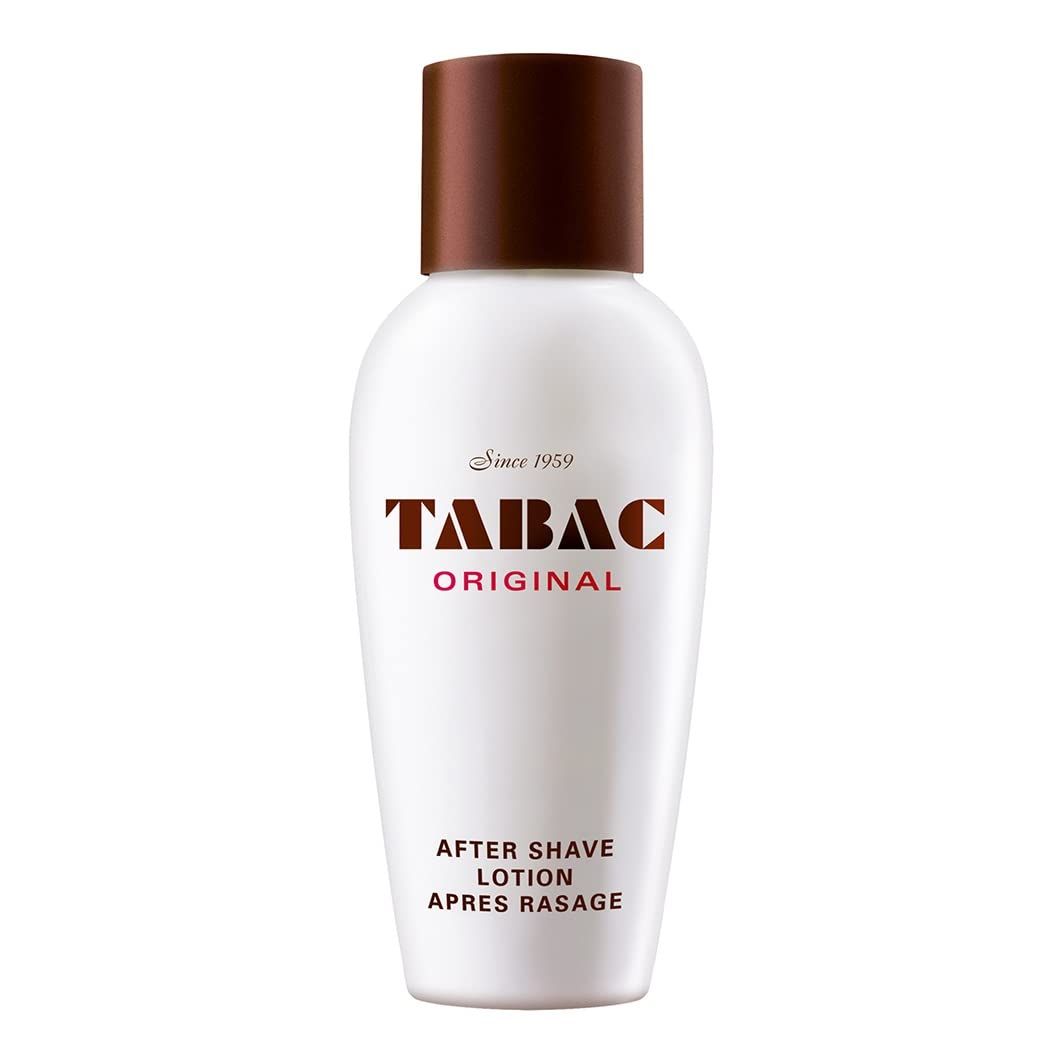 Flacone bianco con tappo marrone. Scritta: TABAC ORIGINAL, After Shave Lotion, Après Rasage. Dal 1959.
