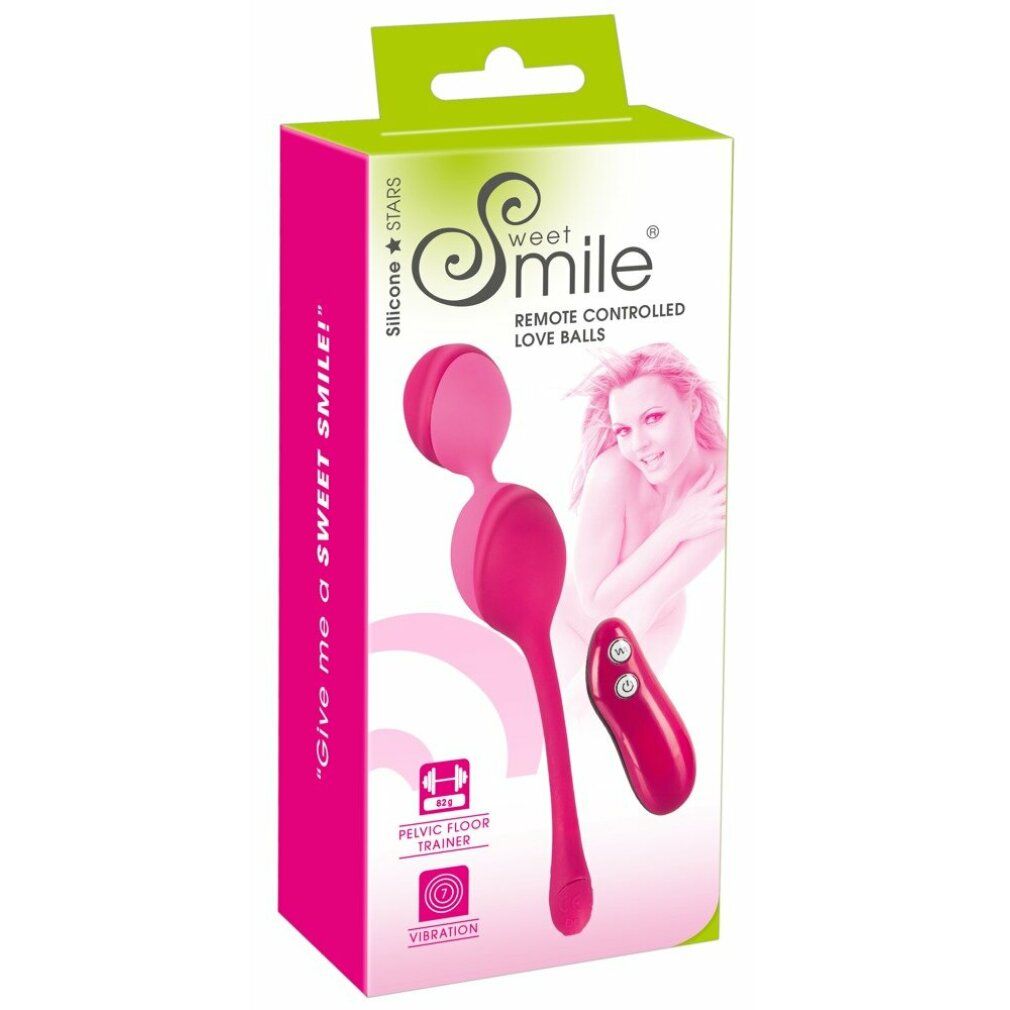 Duo di sfere vibranti rosa con telecomando, confezione. Scritte: Sweet Smile, Pelvic Floor Trainer, Vibration.