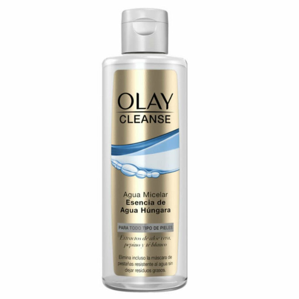 Flacone trasparente con tappo bianco. Etichetta con "Olay Cleanse" e testo in spagnolo.