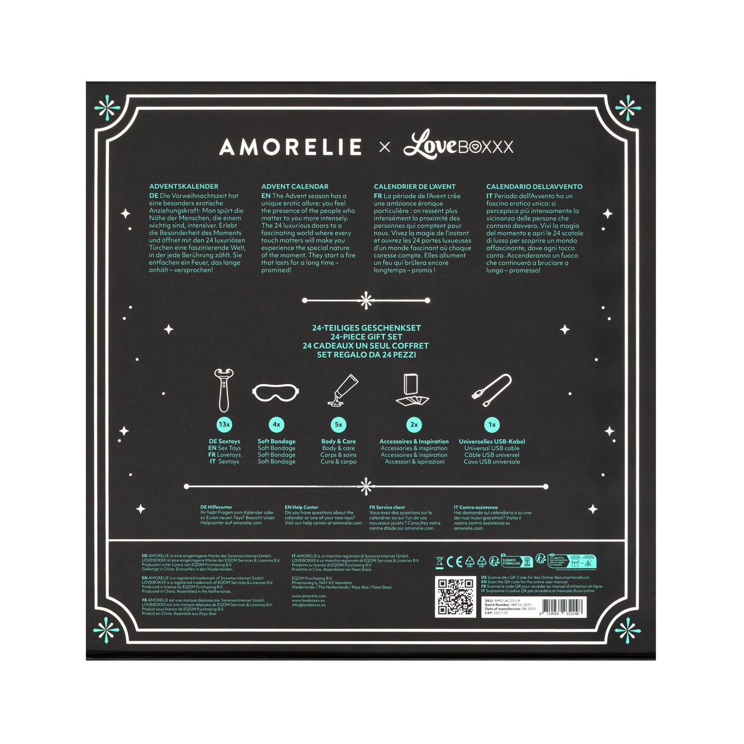 Retro della scatola del calendario dell'Avvento con testo in tedesco, inglese, francese e italiano. Contiene illustrazioni di prodotti.