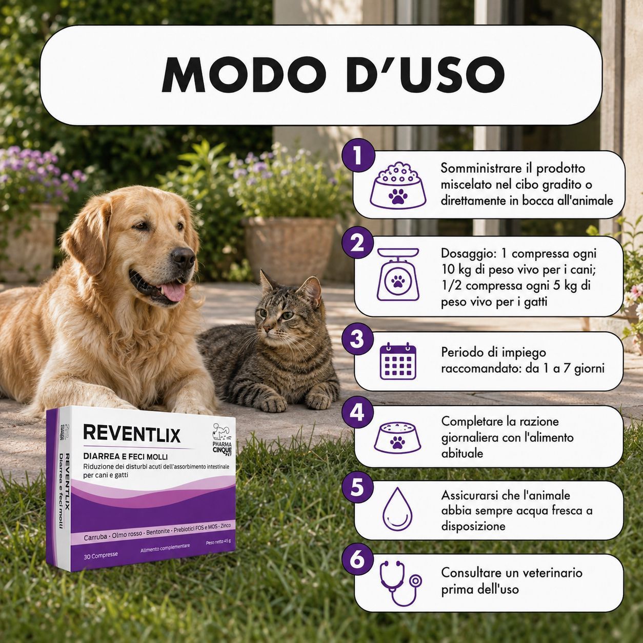 Confezione Reventlix accanto a un cane e un gatto.