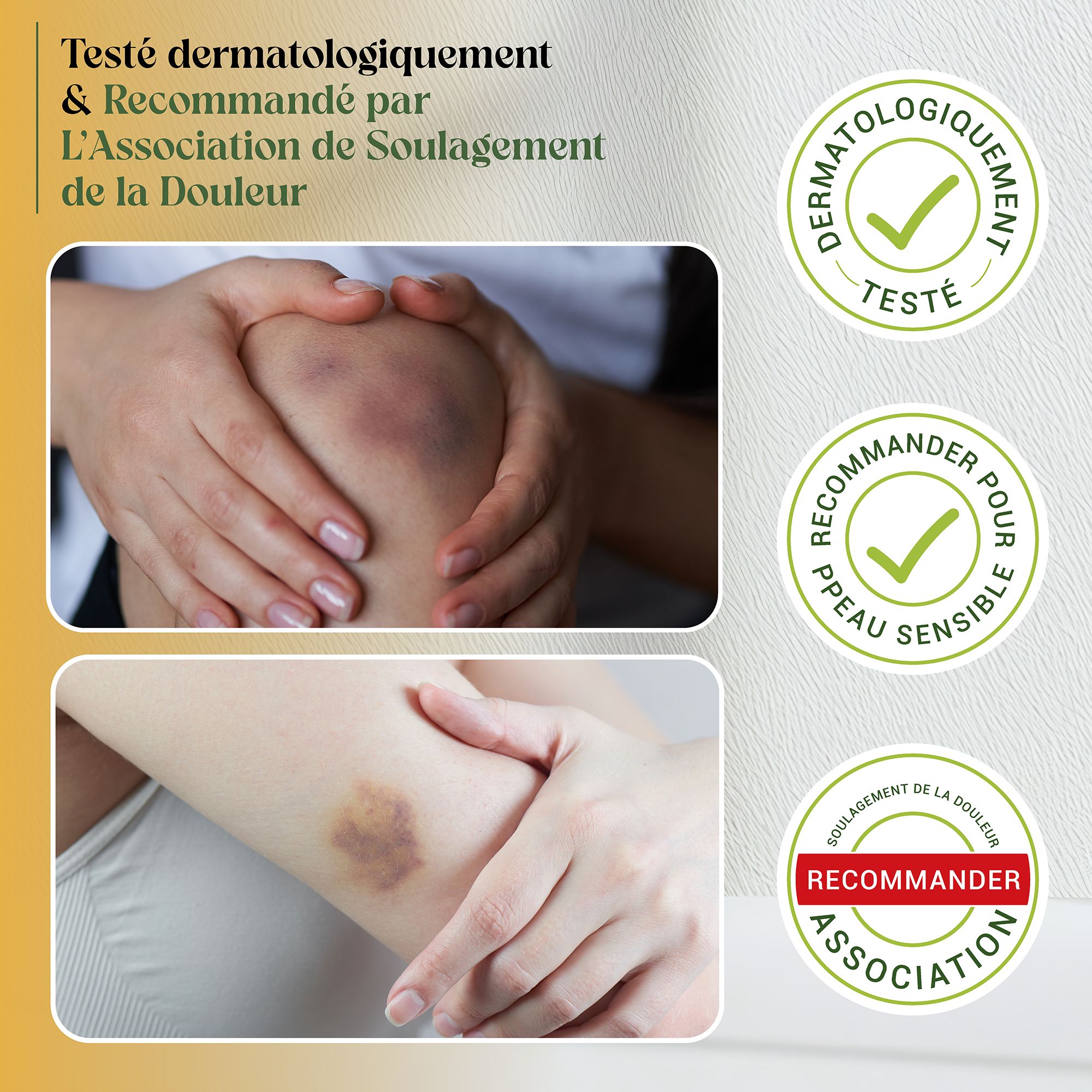 Mani che toccano ginocchio e braccio con lividi. Testo: Dermatologicamente testato. Consigliato per pelli sensibili.