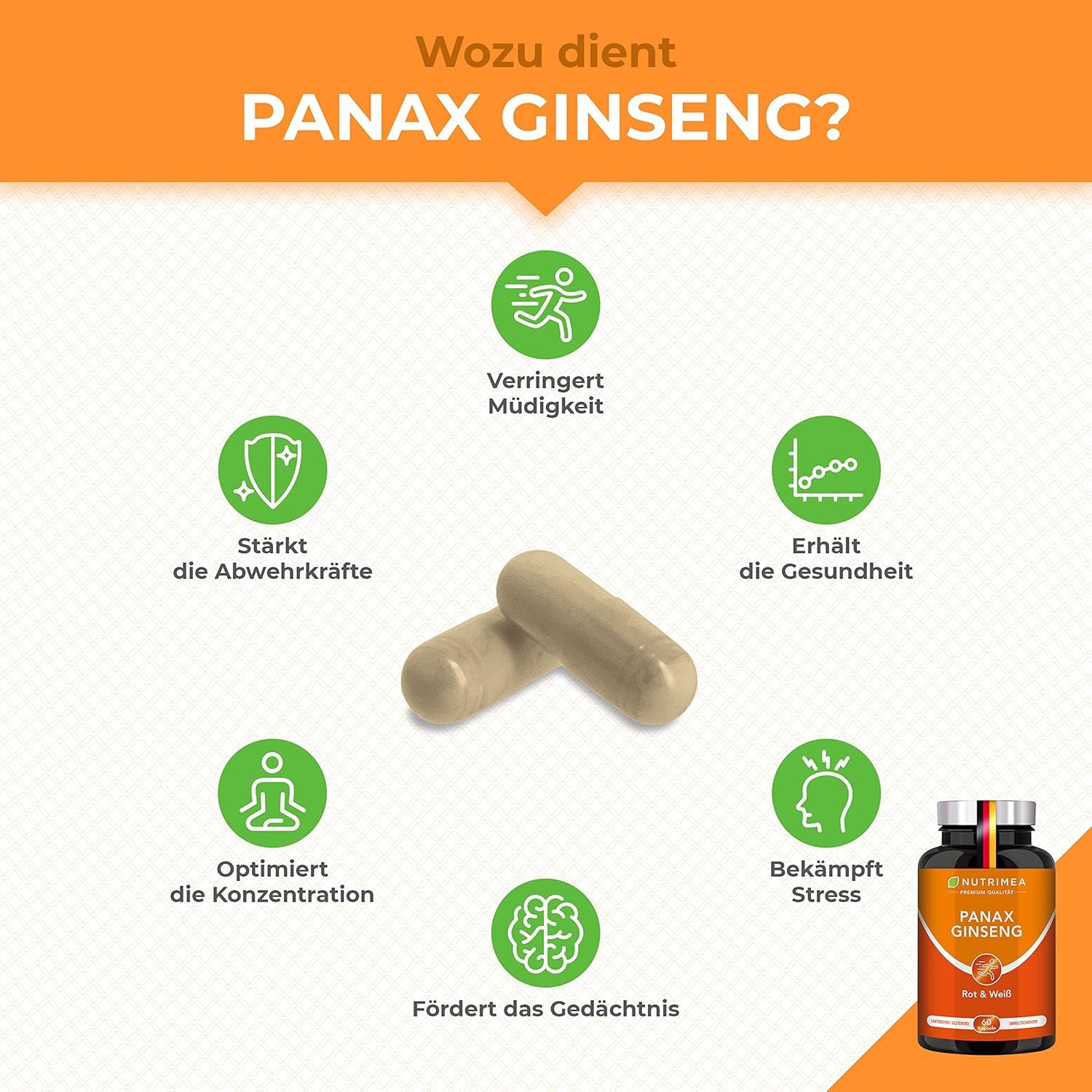 Due capsule accanto a un'infografica. L'infografica mostra i benefici del Panax Ginseng: affaticamento, difese immunitarie, salute, concentrazione, stress, memoria.