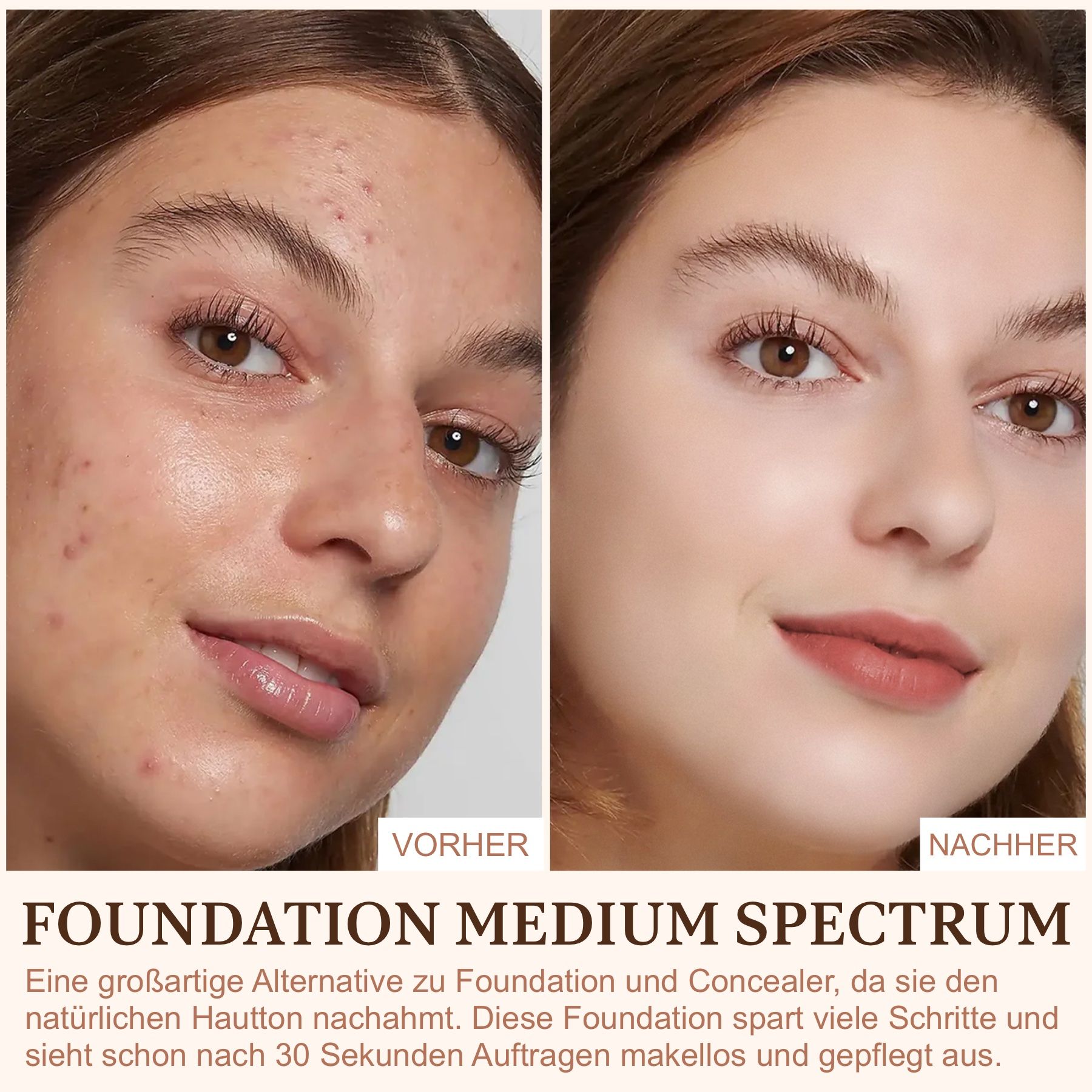 Confronto prima-dopo di una donna con fondotinta. Il prodotto indica "Foundation Medium Spectrum".