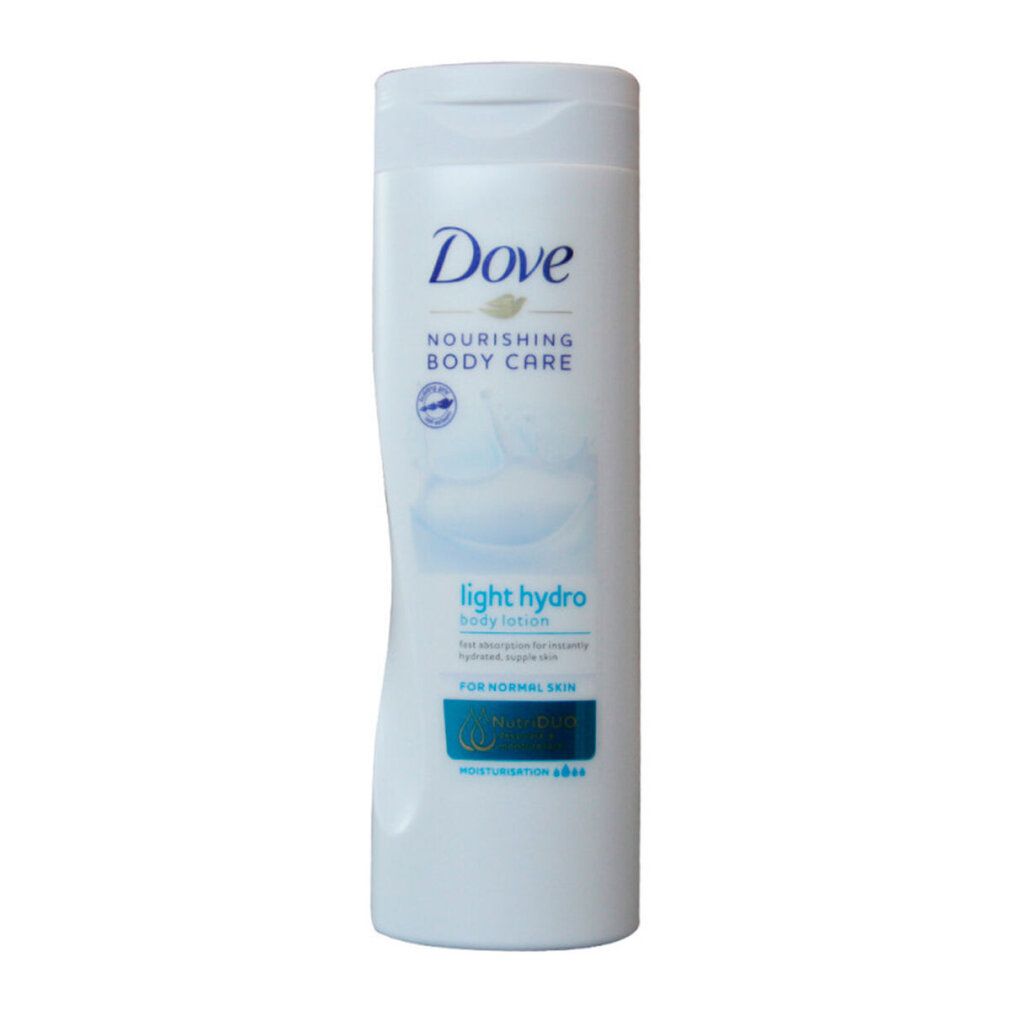 Flacone bianco Dove. Scritta: Nourishing Body Care, light hydro, body lotion. Per pelli normali. Dettagli blu. Tappo bianco.