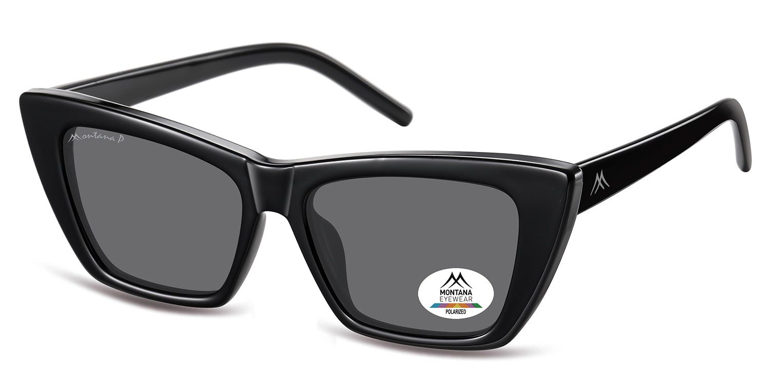 Occhiali da sole neri con lenti quadrate. Logo Montana Eyewear ed etichetta polarizzata. Montatura nera con aste.