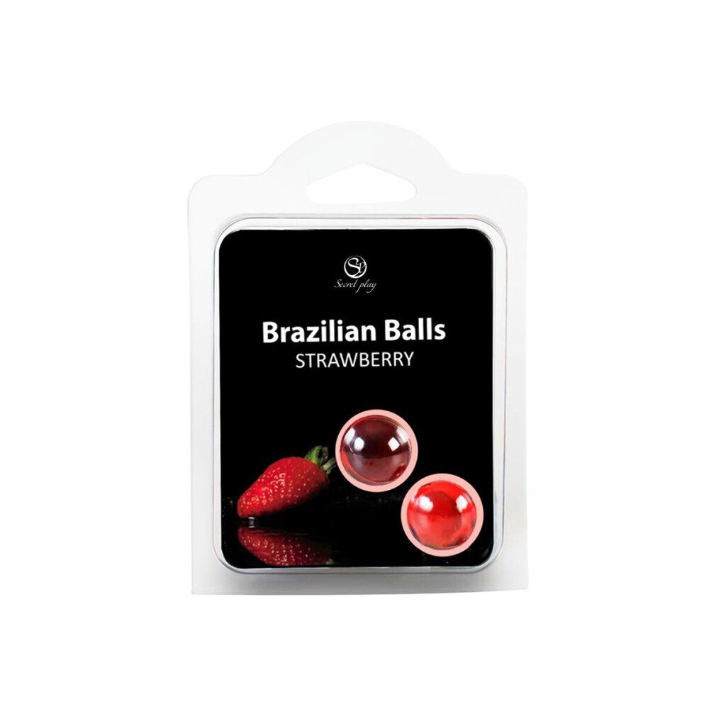 Confezione con due sfere rosse e fragole. Scritta: Brazilian Balls Strawberry. Marchio: Secretplay.