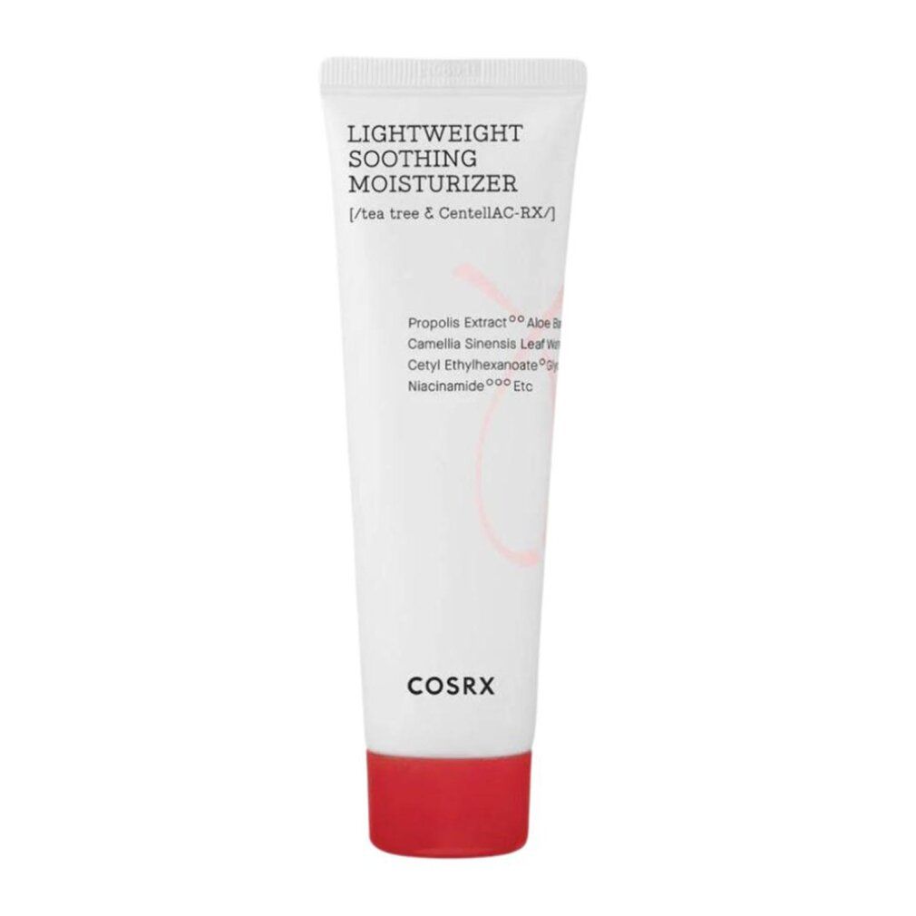 Tubo bianco con tappo rosso. Scritta: Lightweight Soothing Moisturizer. Marchio: COSRX. Ingredienti elencati.