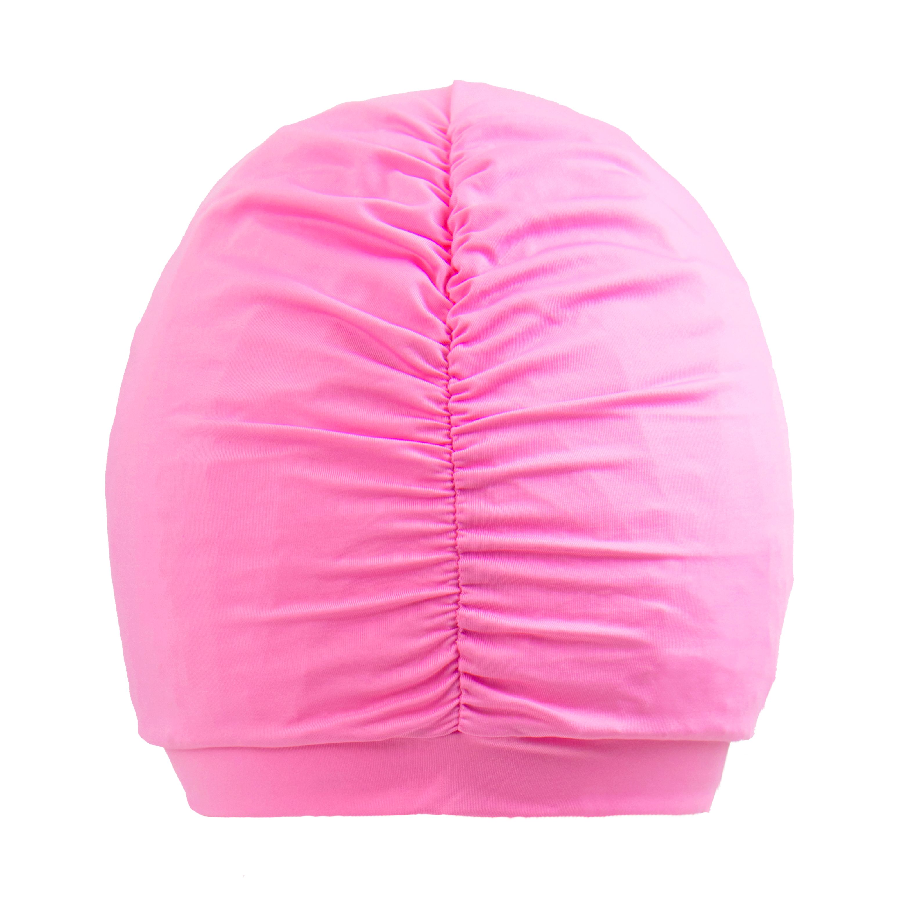 Cuffia per doccia rosa con parte superiore arricciata. Realizzata in tessuto, con bordo ampio. Vista dall'alto.