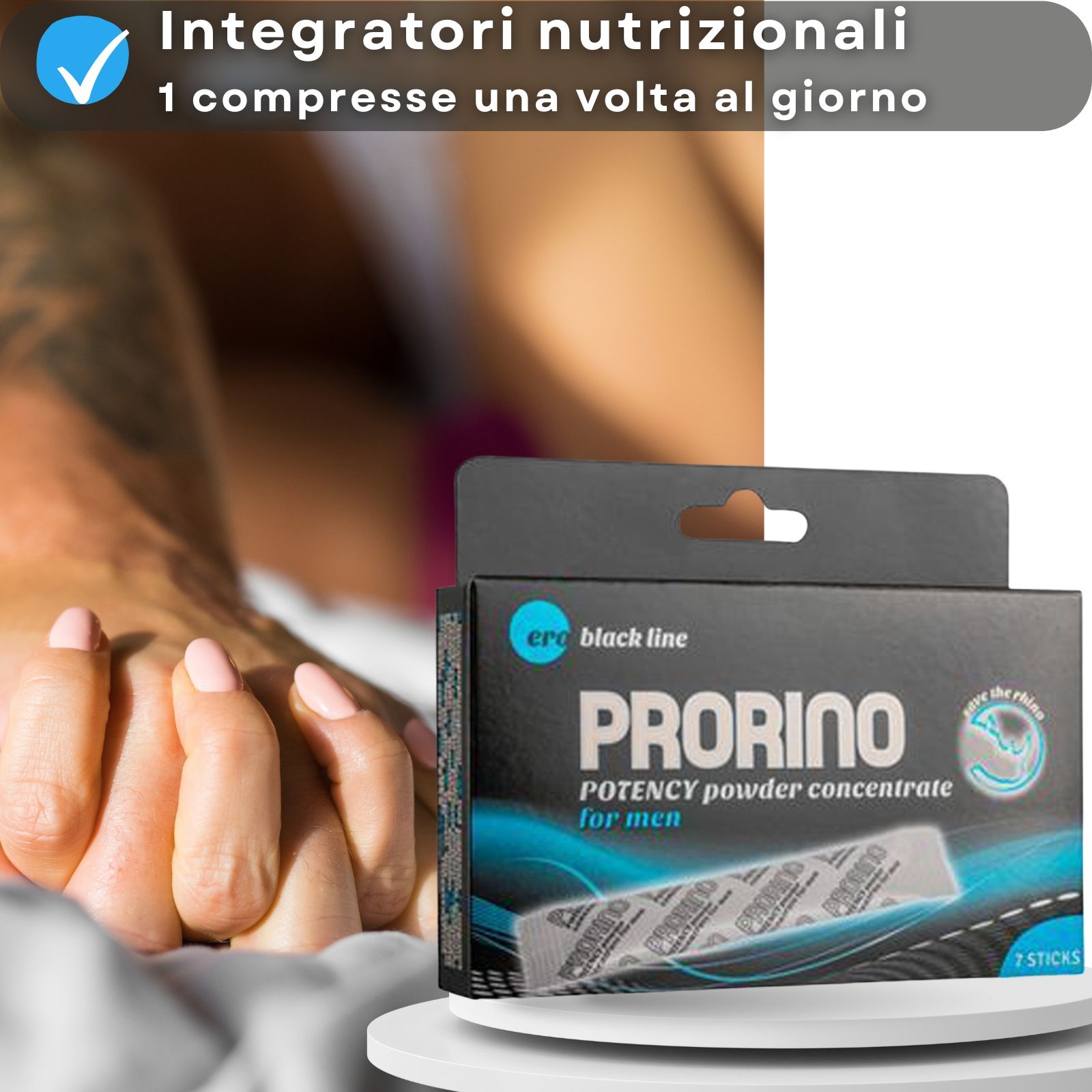 Confezione "PRORINO" accanto a una persona. Testo: Integratori nutrizionali, 1 compressa al giorno.