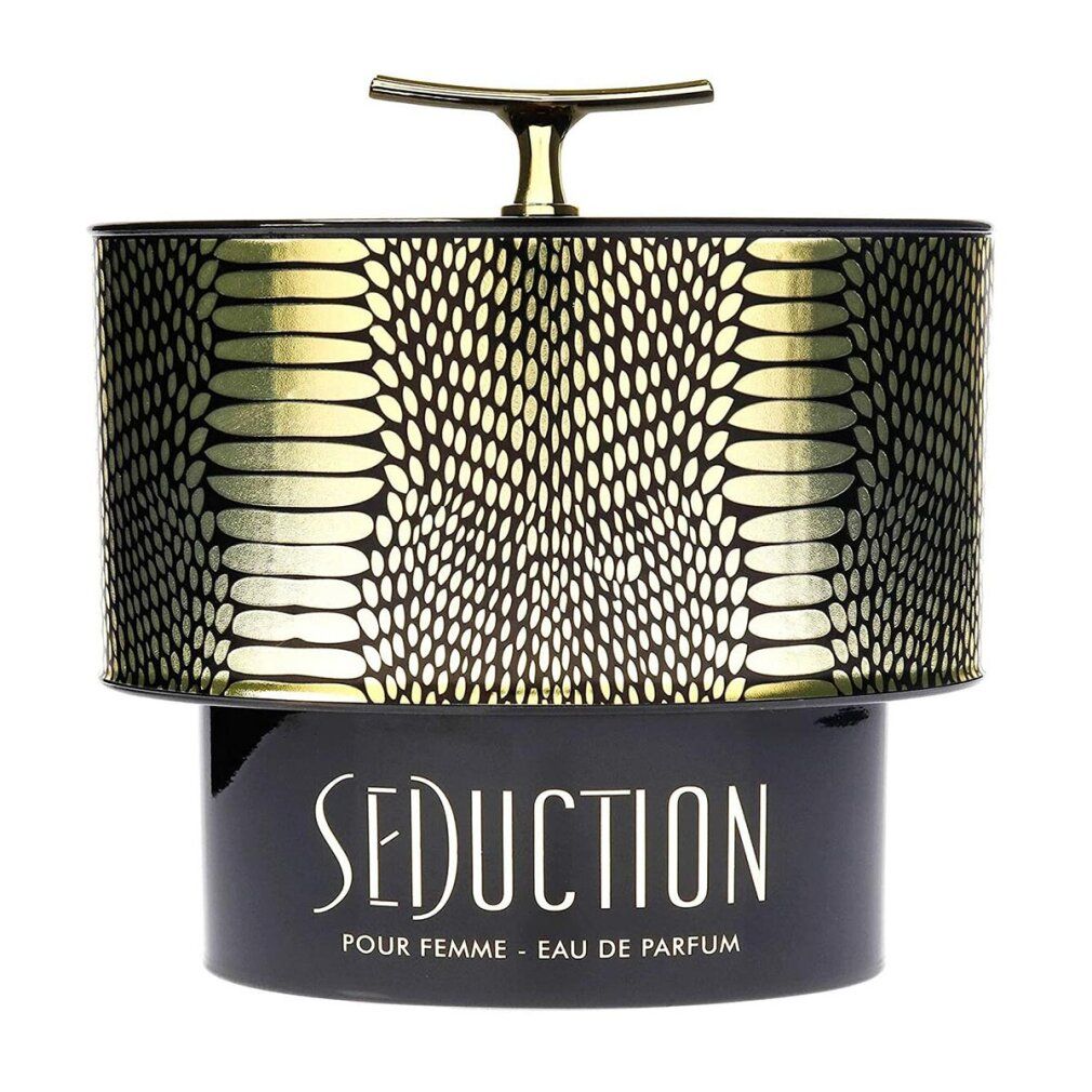 Flacone di profumo con coperchio dorato e motivo a serpente. Base nera con scritta "Seduction". Eau de Parfum.