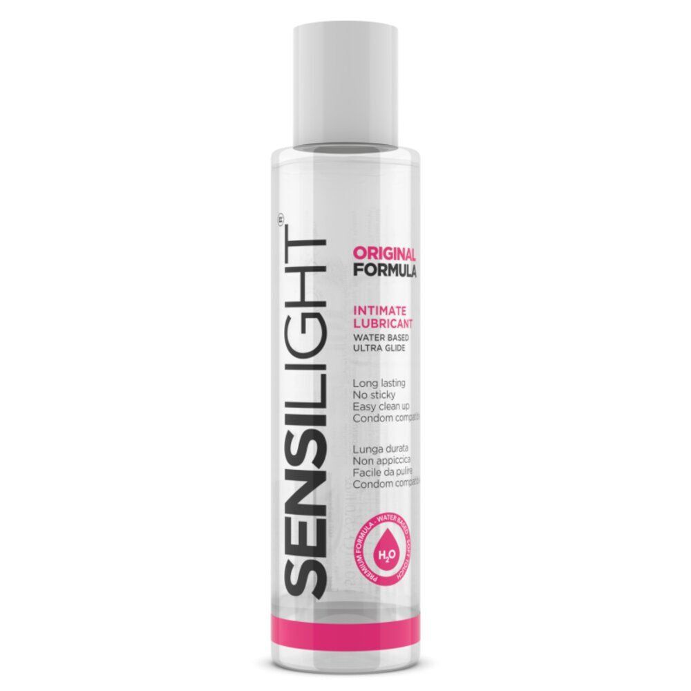 Flacone cilindrico con tappo bianco. Scritta SENSILIGHT, ORIGINAL FORMULA, INTIMATE LUBRICANT. Base rosa.