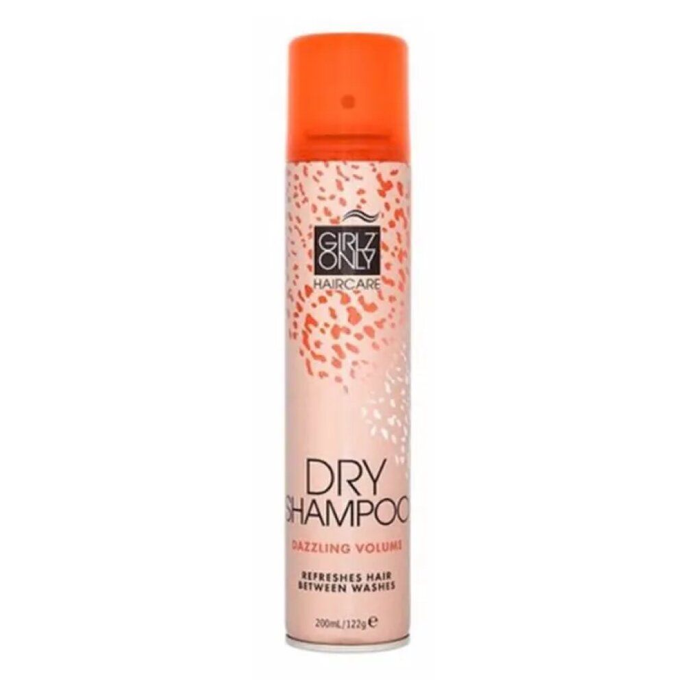 Bomboletta spray di shampoo secco. Testa spray arancione, bomboletta rosa con testo e logo. "Girlz Only Haircare" e "Dry Shampoo Dazzling Volume".