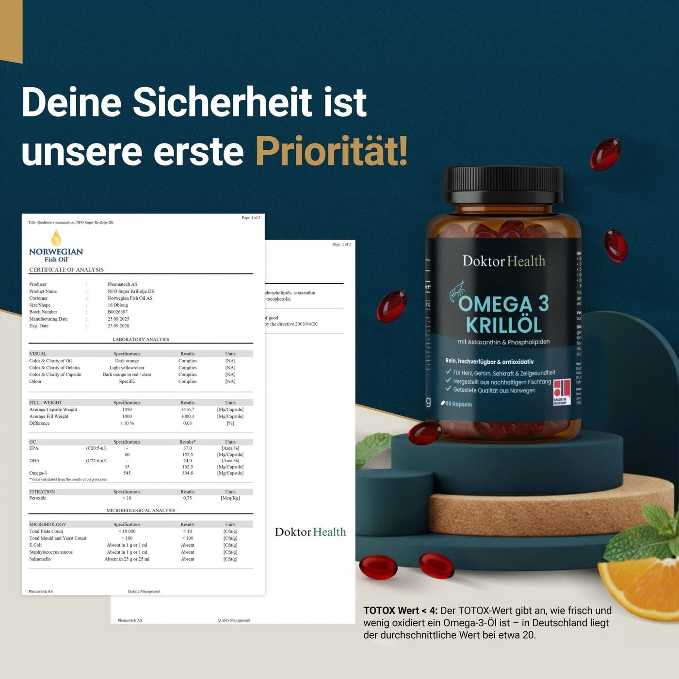Due documenti e un flacone di capsule. Testo: Doktor Health Omega 3 Krillöl. Certificato: Olio di pesce norvegese. Testo: La tua sicurezza è la nostra priorità!