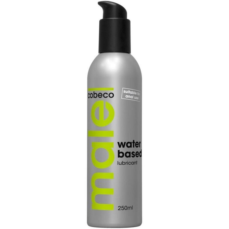 Flacone argentato con pompa, lubrificante a base d'acqua Cobeco Male, 250ml.