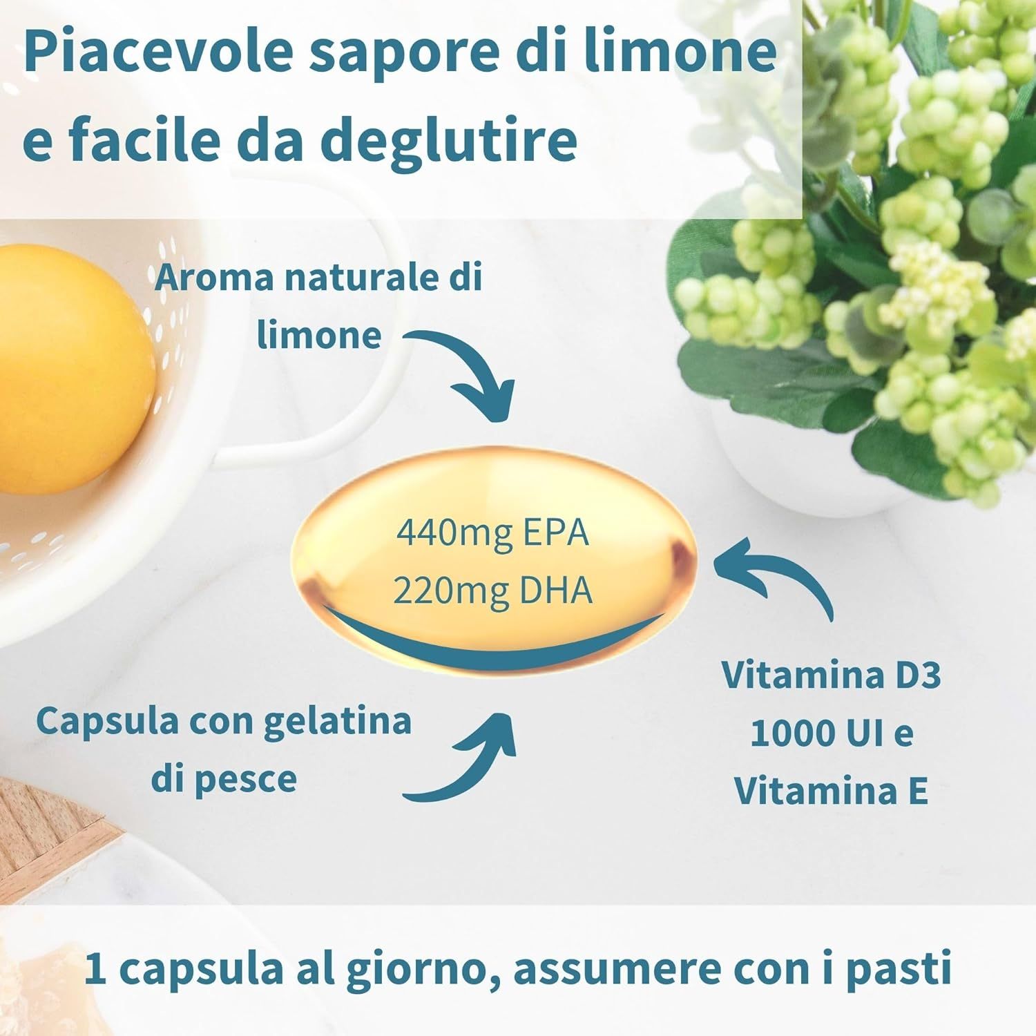 Grafico con EPA, DHA, vitamina D3. Piacevole gusto di limone. Capsula con gelatina di pesce. 1 capsula al giorno.