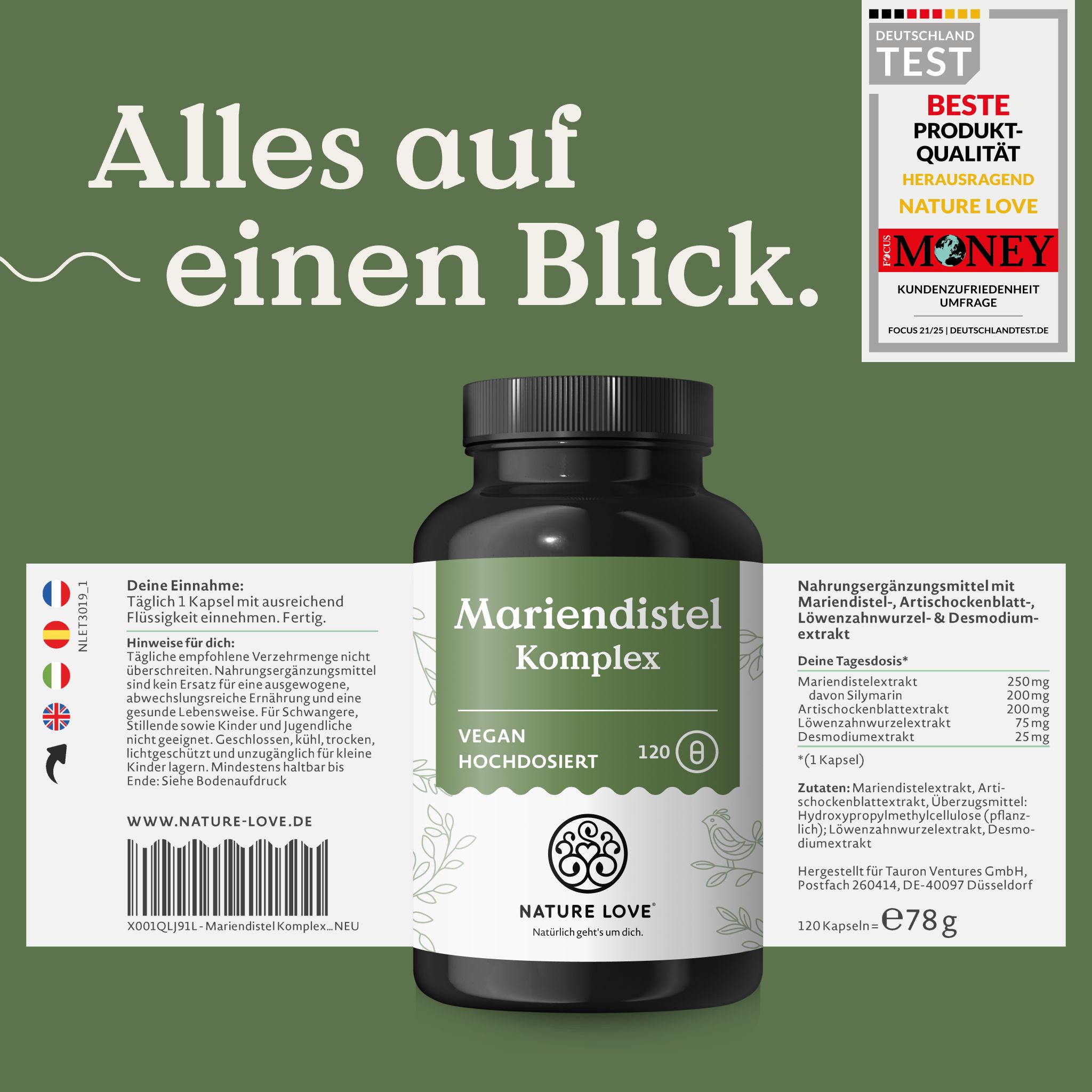 Flacone 'Complesso di Cardo Mariano' di Nature Love con etichette che mostrano istruzioni per l'uso e ingredienti. Sigillo 'Deutschland Test'.