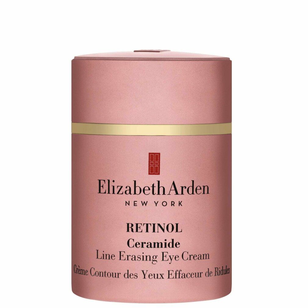 Vaso cosmetico rosa con anello dorato. Testo: Elizabeth Arden, Retinol Ceramide Line Erasing Eye Cream. Nome del prodotto e logo.