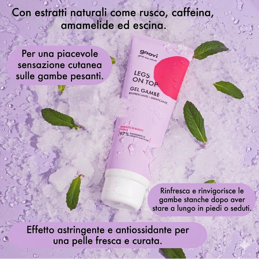Tubo di gel GOOVI Legs On Top con menta e ghiaccio. Testo: Rinfresca e rinvigorisce le gambe stanche. Nome prodotto.