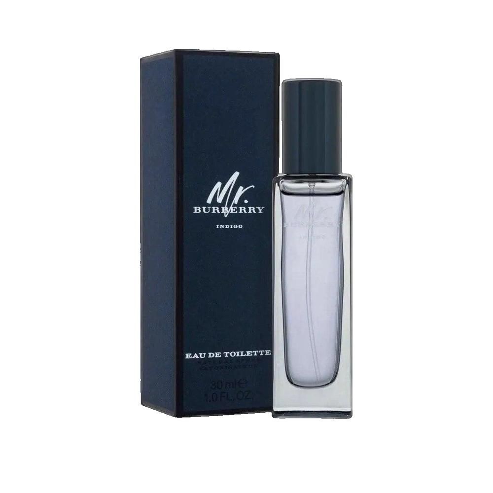 Flacone e scatola. Scritta "Mr. BURBERRY INDIGO" e "EAU DE TOILETTE".
