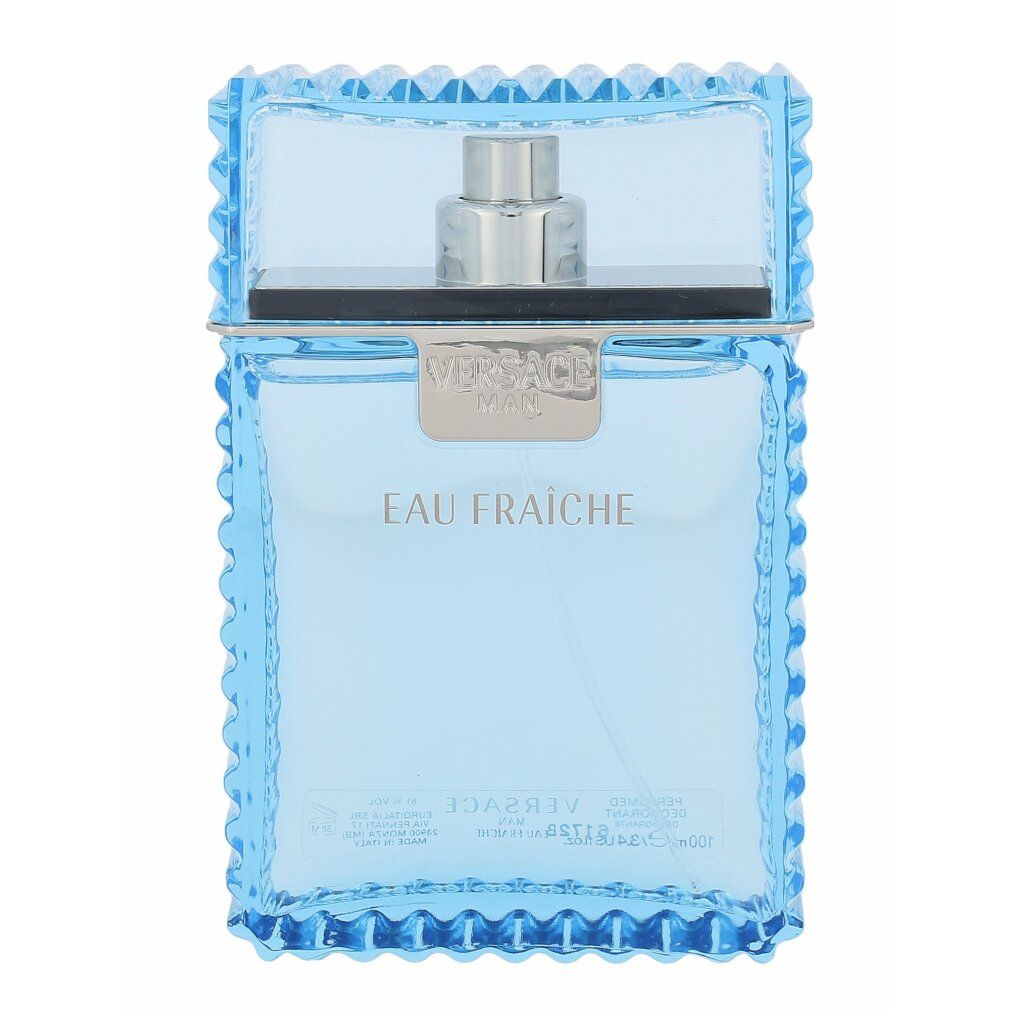 Spray deodorante azzurro. Scritta: Versace Man Eau Fraiche. Flacone con bordi smerlati.