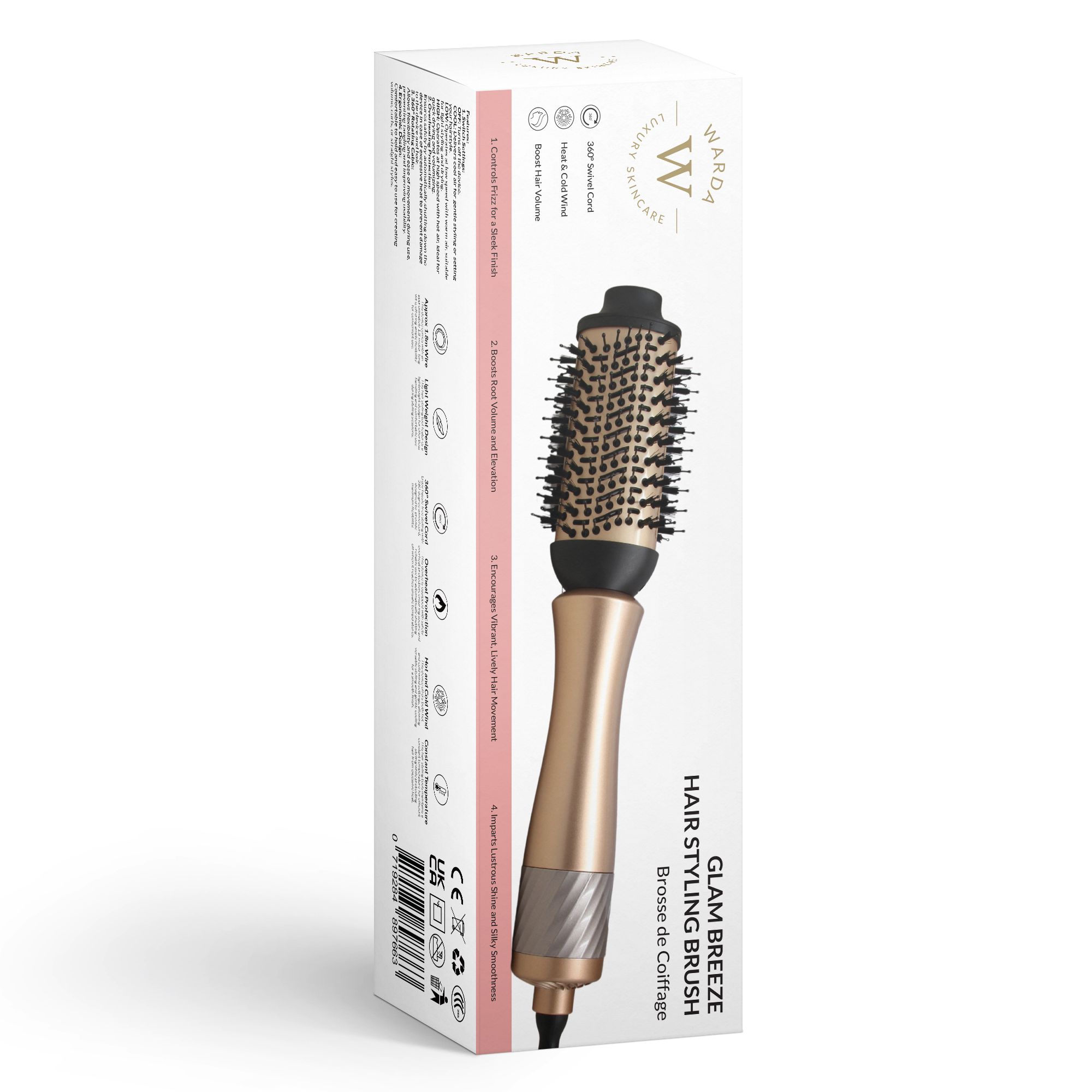 Spazzola per capelli con manico dorato e testina nera. Confezione con nome e logo del prodotto.