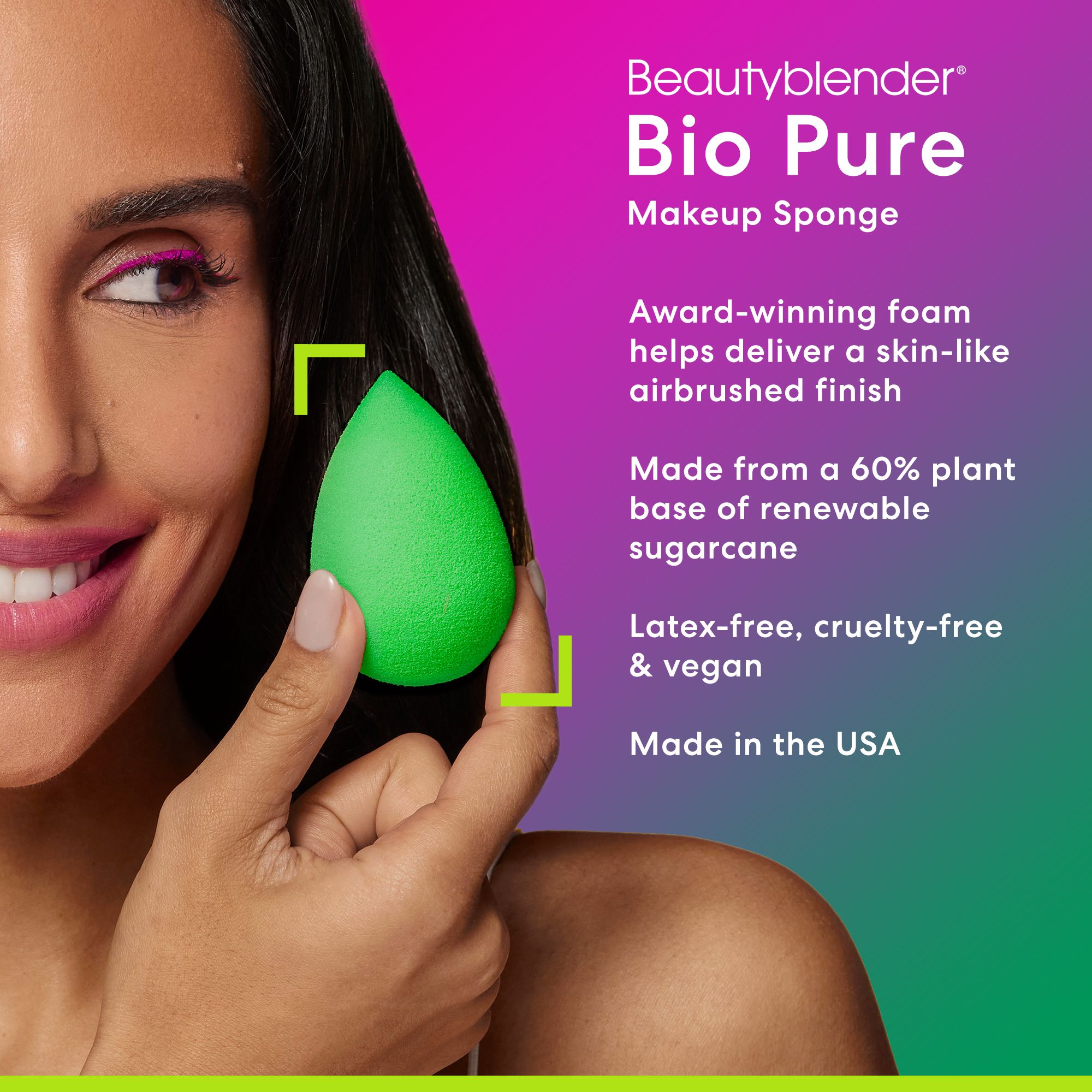 Spugna verde a forma di goccia in mano a una persona. Testo: Beautyblender Bio Pure, Makeup Sponge, 60% vegetale, vegan.