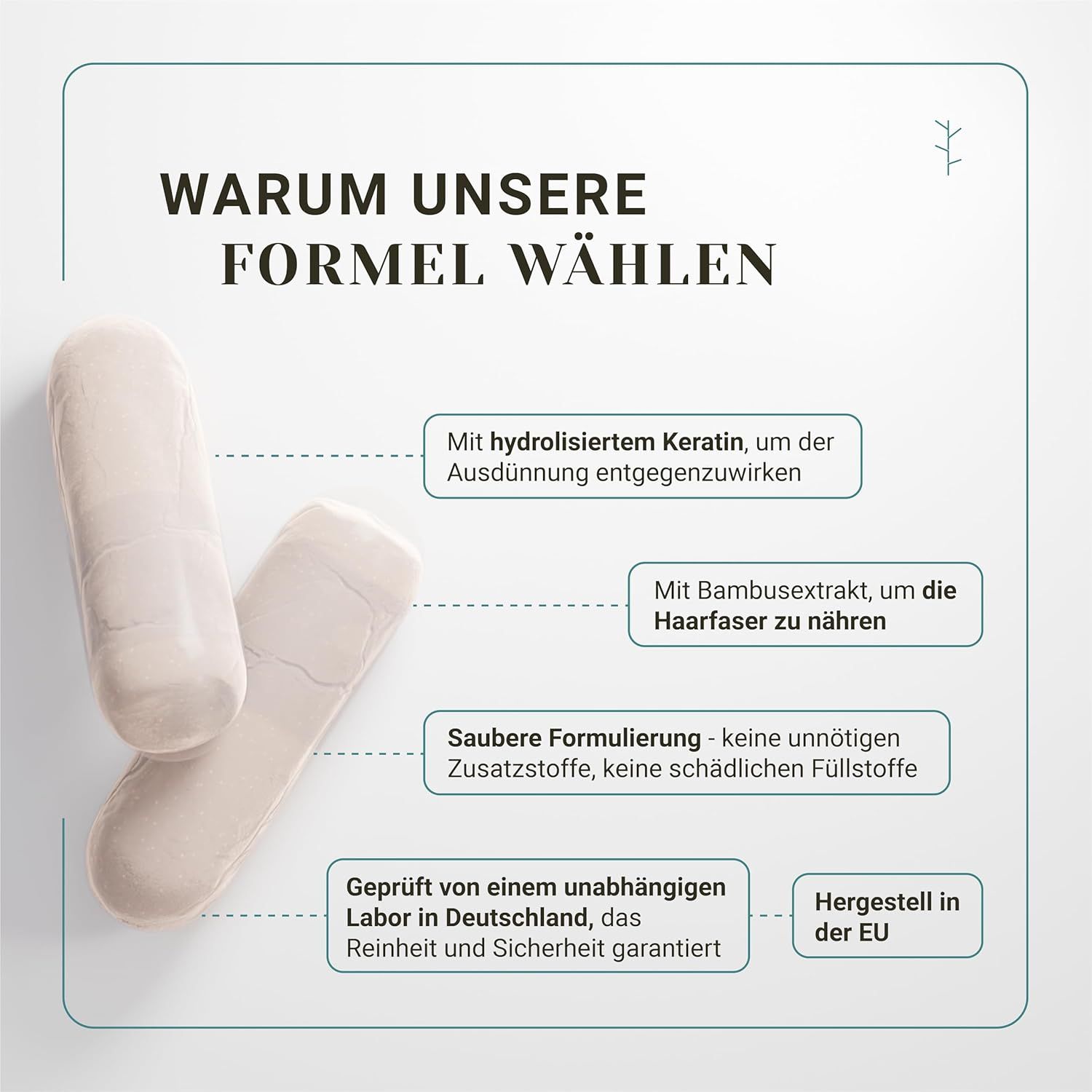 Due capsule. Testo: Perché scegliere la nostra formula? Con cheratina, estratto di bambù, formulazione pura, prodotto nell'UE.