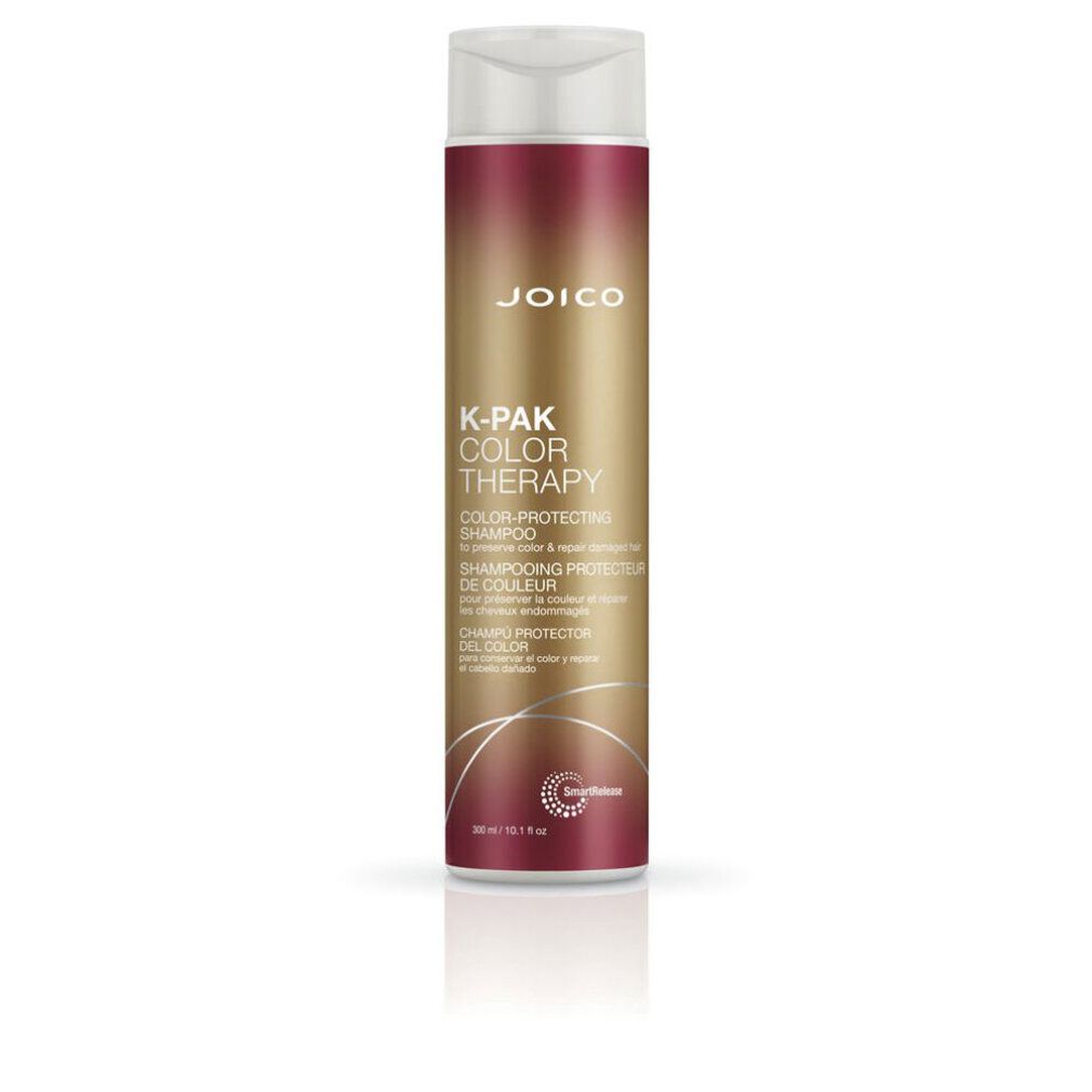 Shampoo Joico K-Pak Color Therapy. Flacone con tappo bianco. Etichetta dorata e rossa con nome e logo.