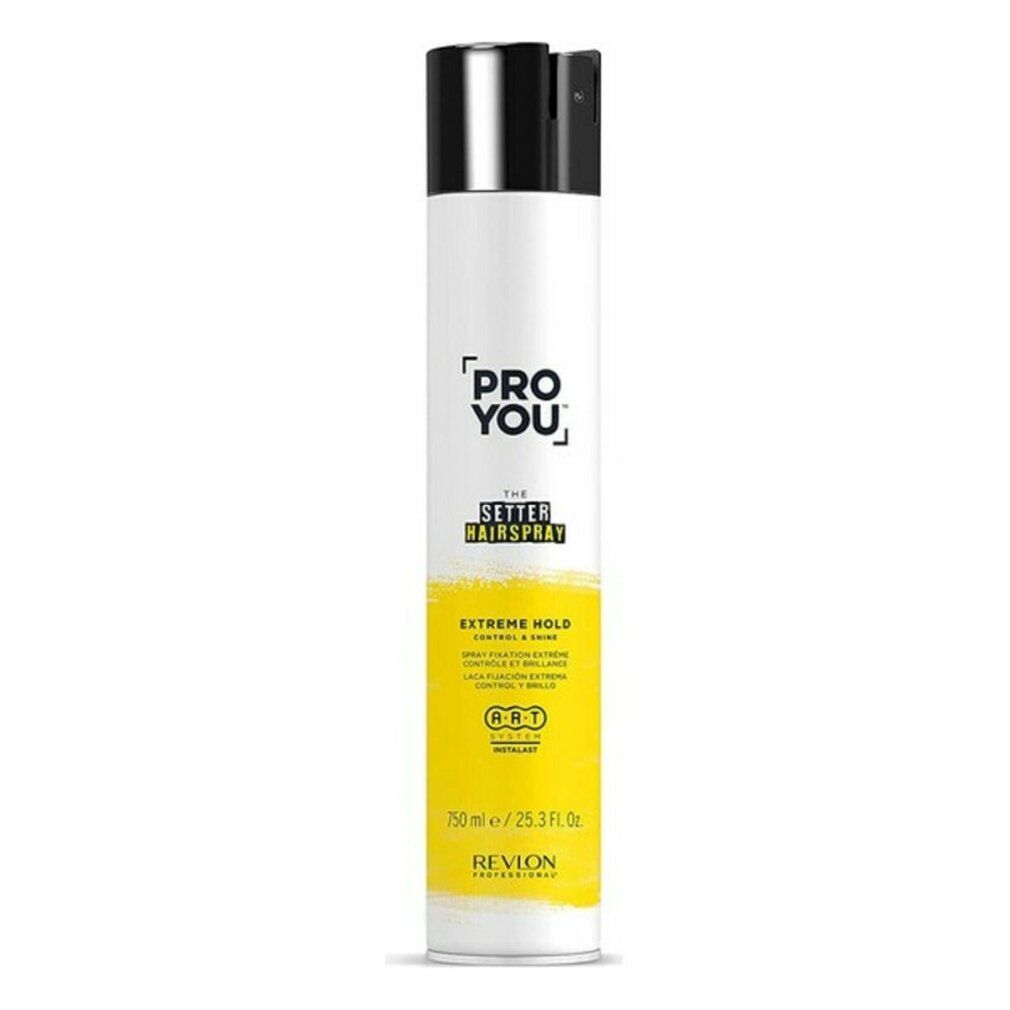 Bomboletta spray bianca e nera. Etichetta gialla con testo: PRO YOU, THE SETTER HAIRSPRAY, EXTREME HOLD. Marchio: Revlon.