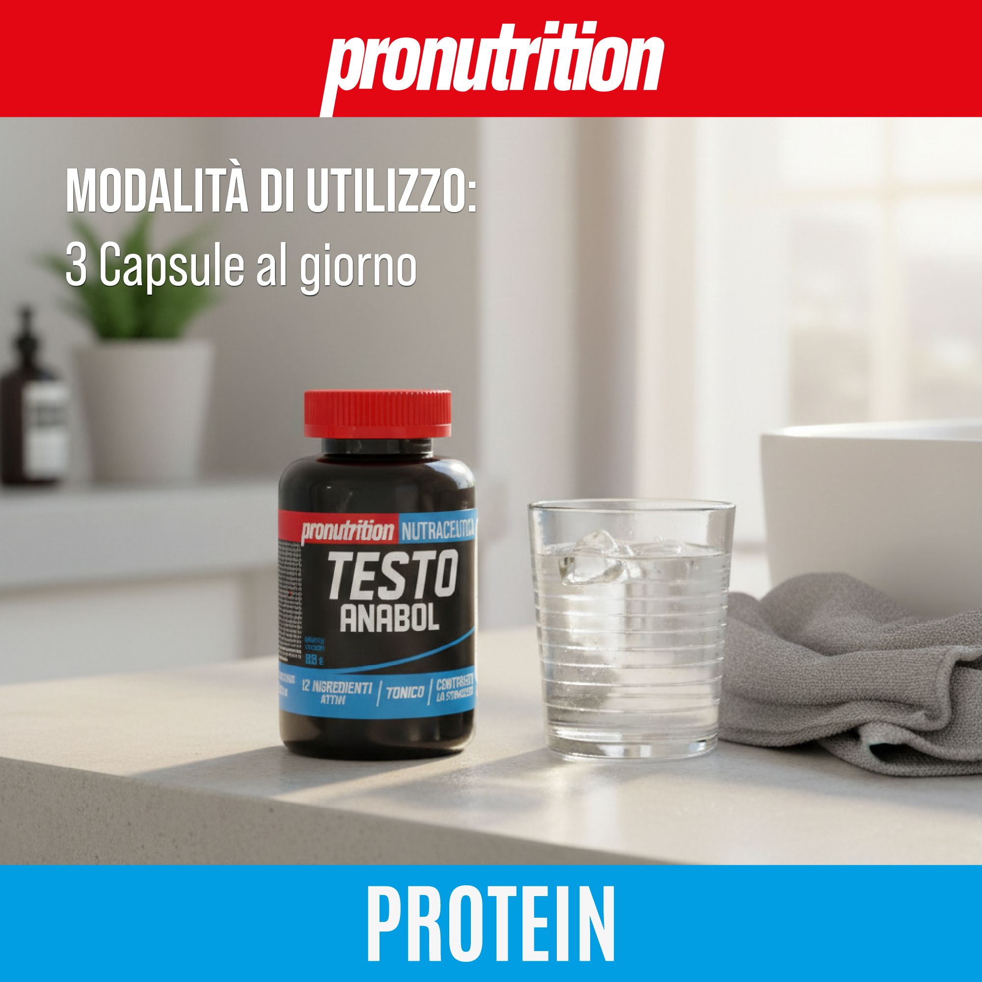 Flacone nero con tappo rosso. Scritta: Testo Anabol. Bicchiere d'acqua e asciugamano accanto.