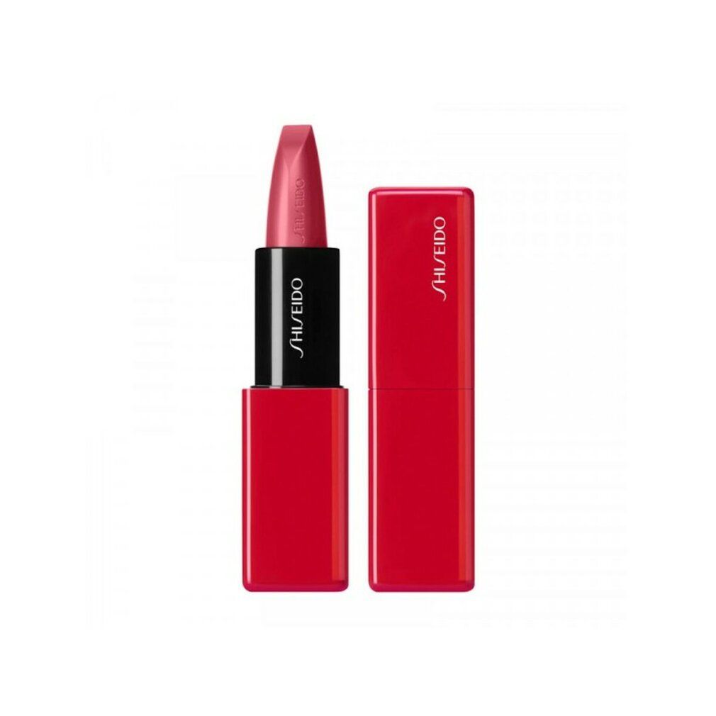Rossetto rosso con custodia rossa. Stelo nero con scritta bianca SHISEIDO. Custodia aperta e chiusa affiancate.