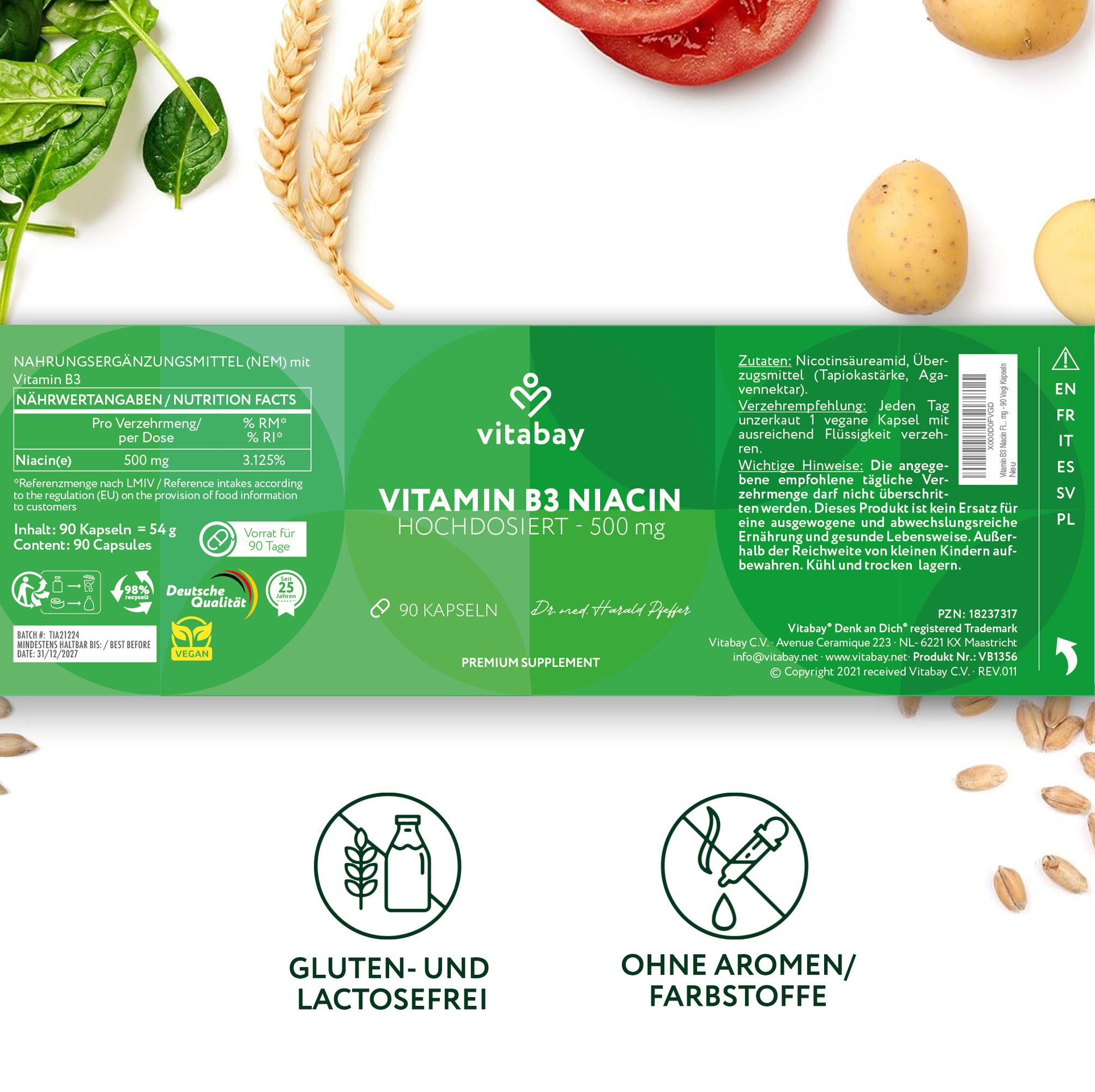 Vitabay Vitamina B3 Niacina: Senza glutine/lattosio, senza aromi/coloranti.